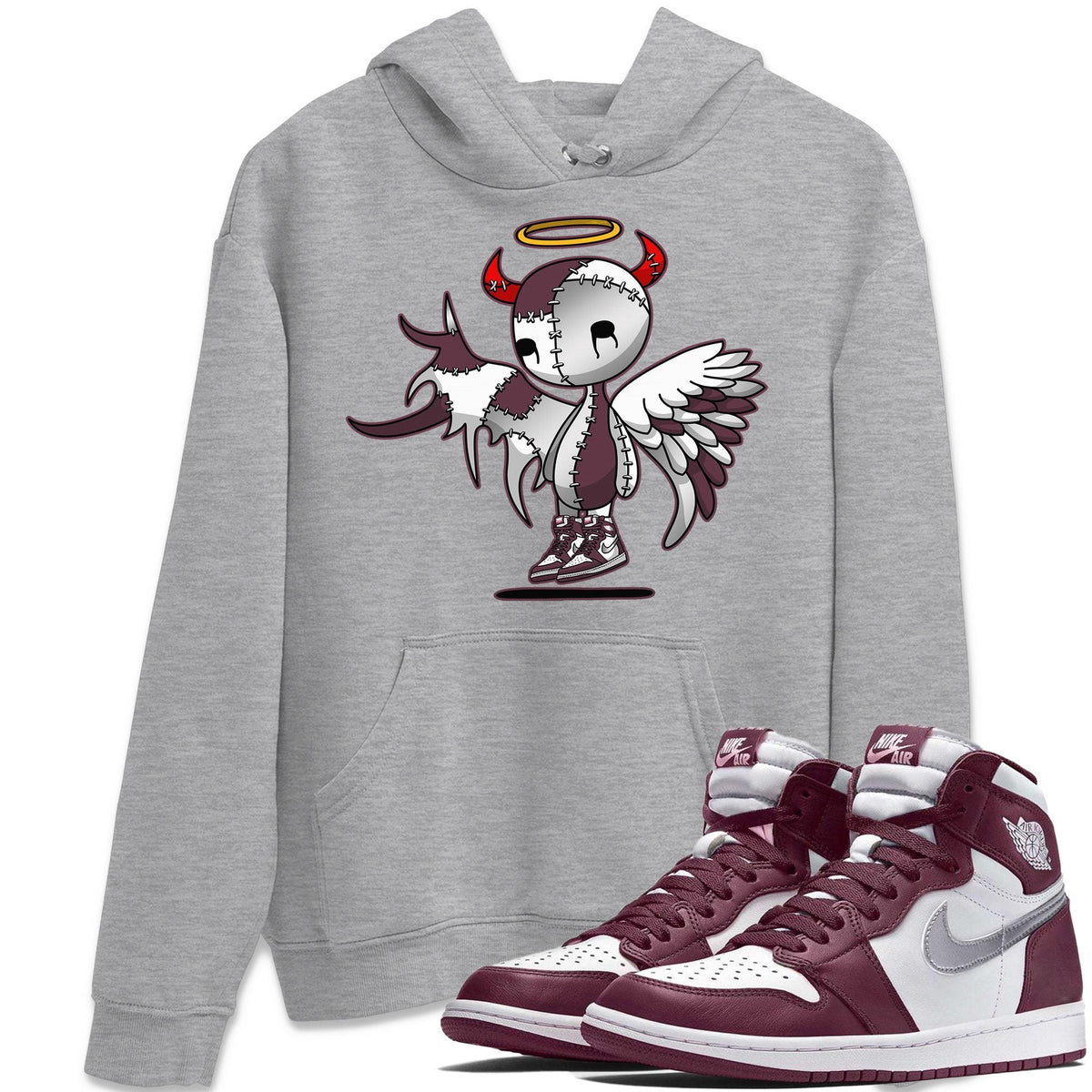 Jordan 1 Bordeaux Sneaker Matching T-Shirt Devil Angel Sneaker Tees Jordan 1 Bordeaux Sneaker Release Tees Crew Neck Tees
