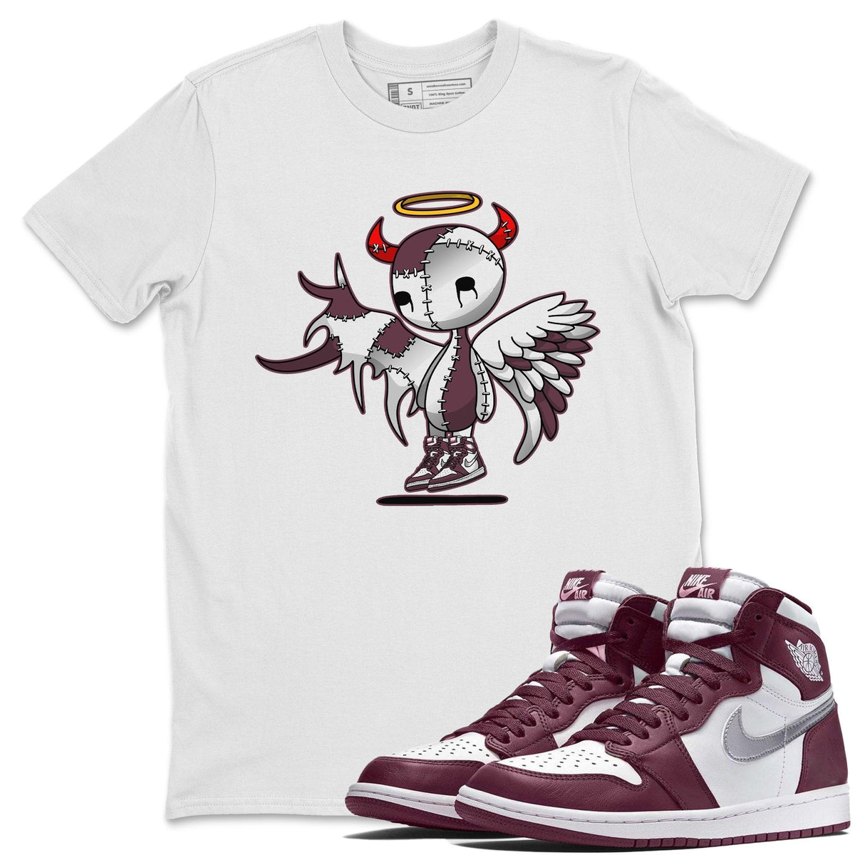 Jordan 1 Bordeaux Sneaker Matching T-Shirt Devil Angel Sneaker Tees Jordan 1 Bordeaux Sneaker Release Tees Crew Neck Tees