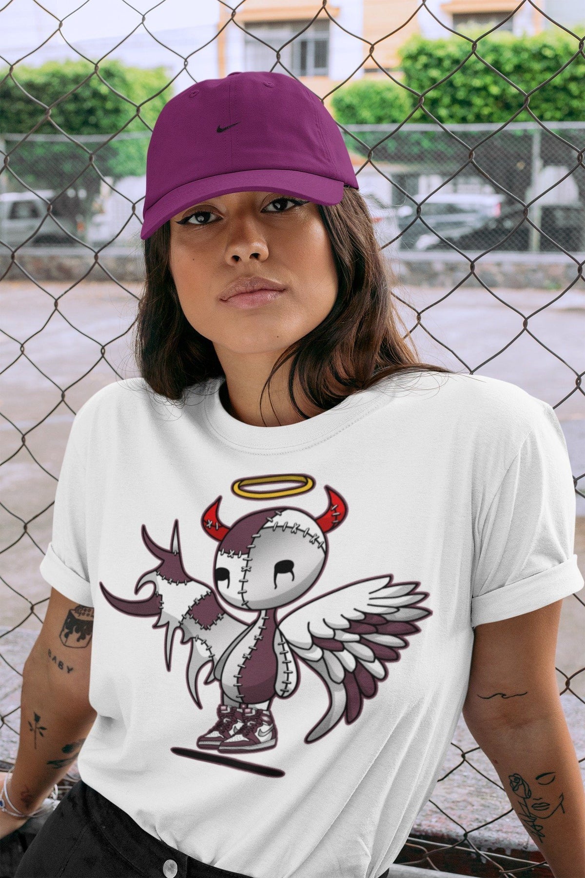 Jordan 1 Bordeaux Sneaker Matching T-Shirt Devil Angel Sneaker Tees Jordan 1 Bordeaux Sneaker Release Tees Crew Neck Tees