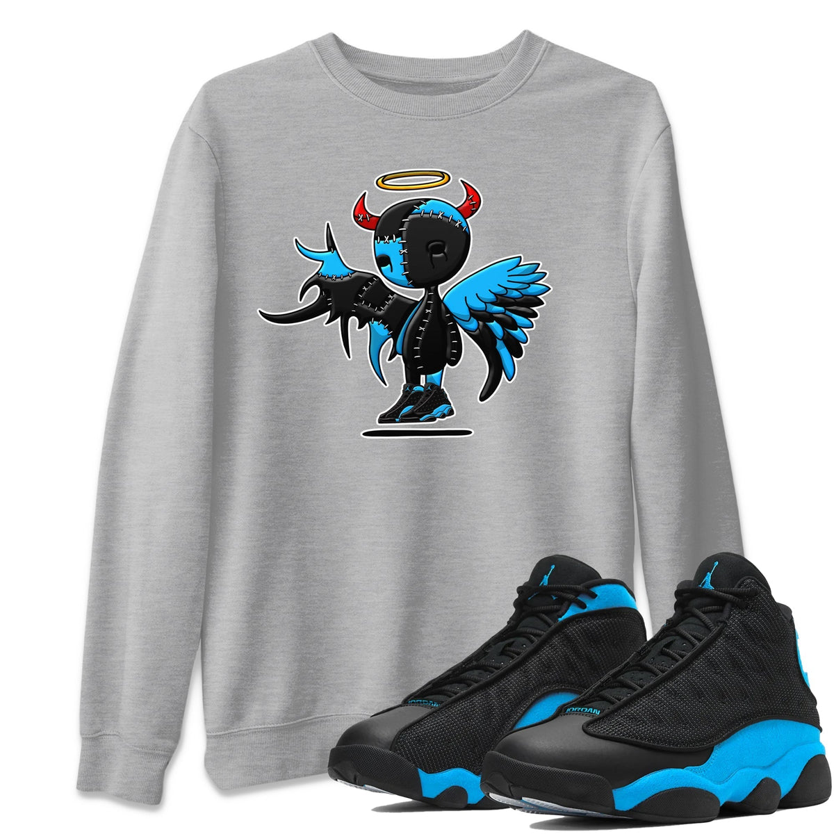 Jordan 13 UNC Sneaker Matching T-Shirt Devil Angel Sneaker Tees Jordan 13 UNC Sneaker Release Tees Crew Neck Tees