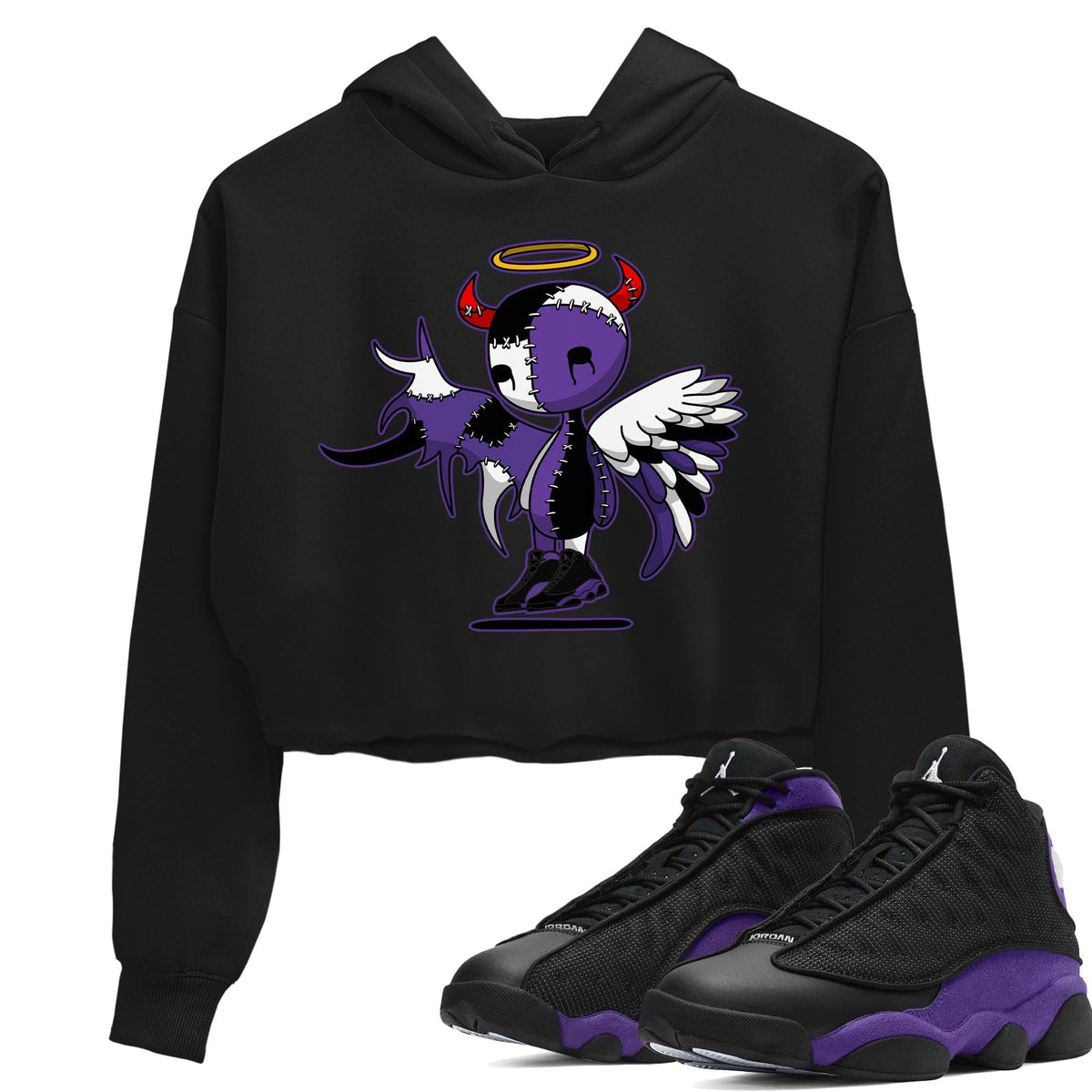 Jordan 13 Court Purple Sneaker Matching T-Shirt Devil Angel Sneaker Tees Jordan 13 Court Purple Sneaker Release Tees Women's Shirts