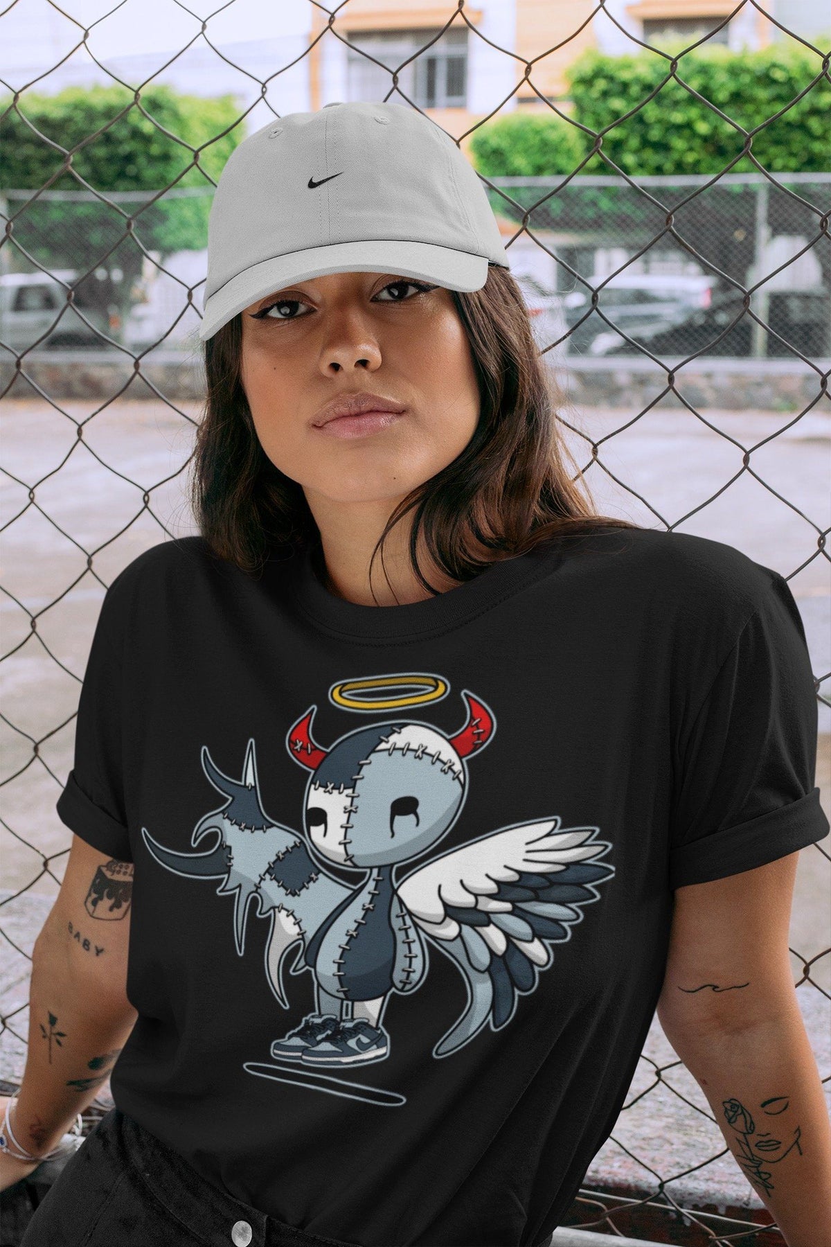 Dunk championship Grey Sneaker Match Tees Devil Angel Sneaker Tees Dunk championship Grey Jordan to match sneaker T-Shirt Crew Neck Shirts