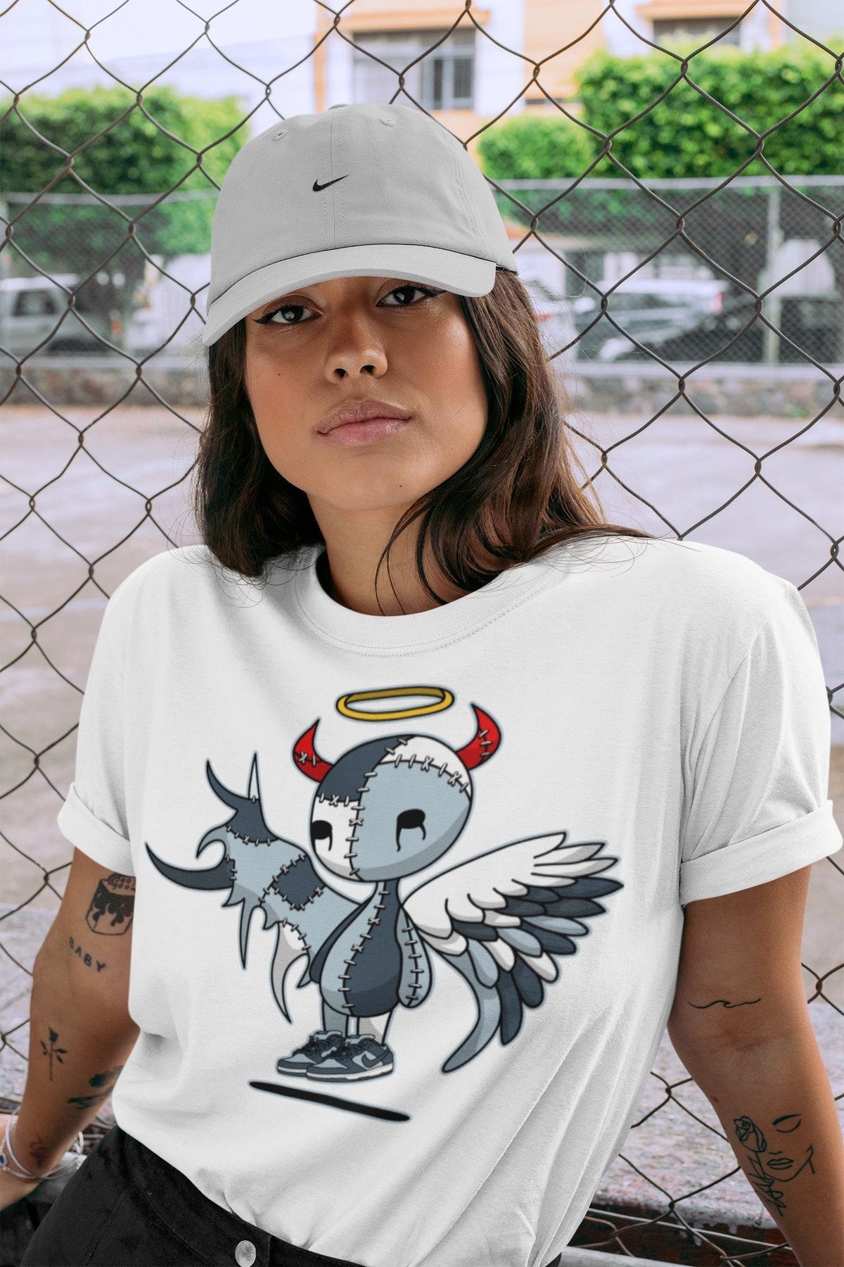 Dunk championship Grey Sneaker Match Tees Devil Angel Sneaker Tees Dunk championship Grey Jordan to match sneaker T-Shirt Crew Neck Shirts