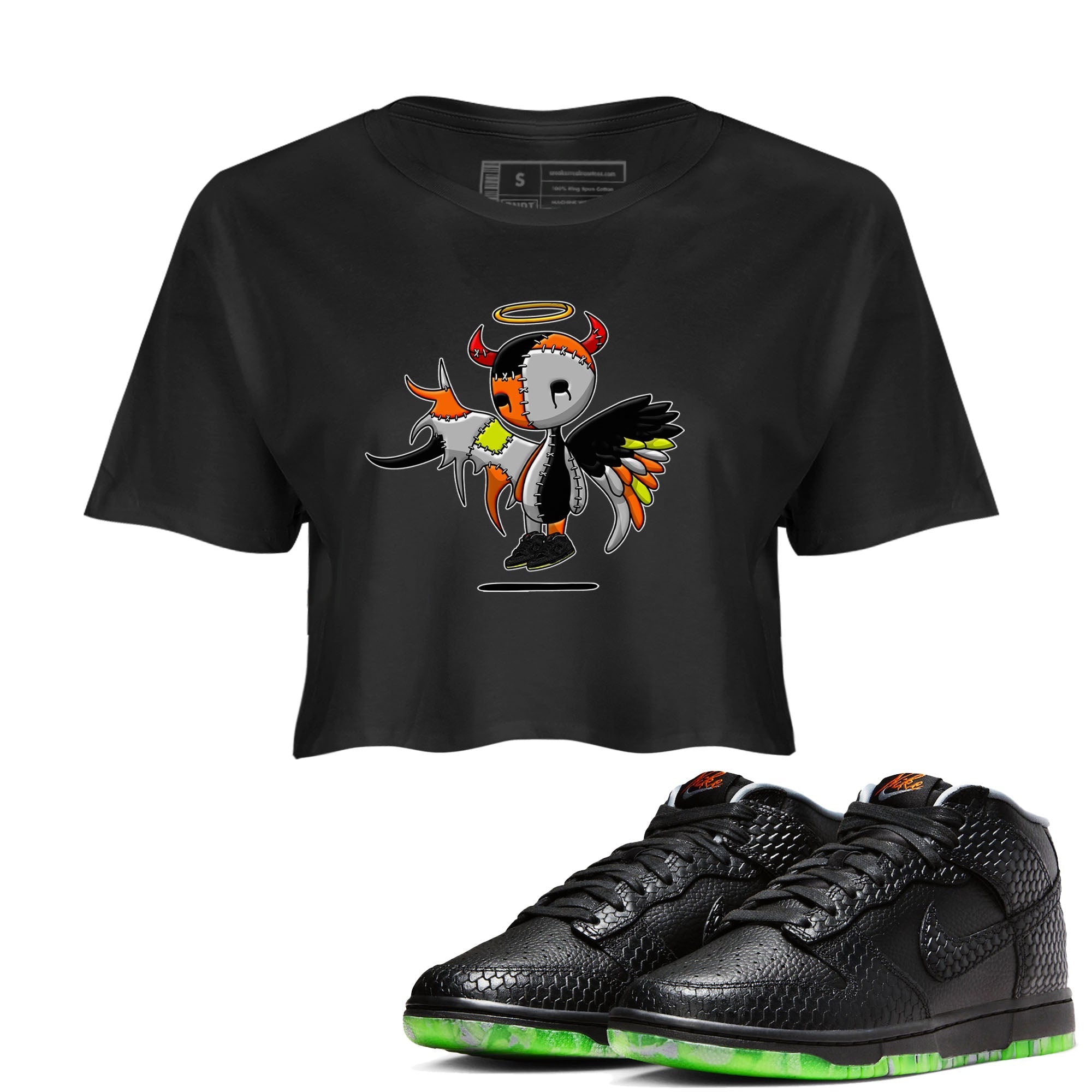 Nike Dunk Halloween shirt to match jordans Devil Angel sneaker tees Nike Dunk Mid Halloween Drip Gear Zone Sneaker Matching Clothing Brand Black 1 Crop T-Shirt