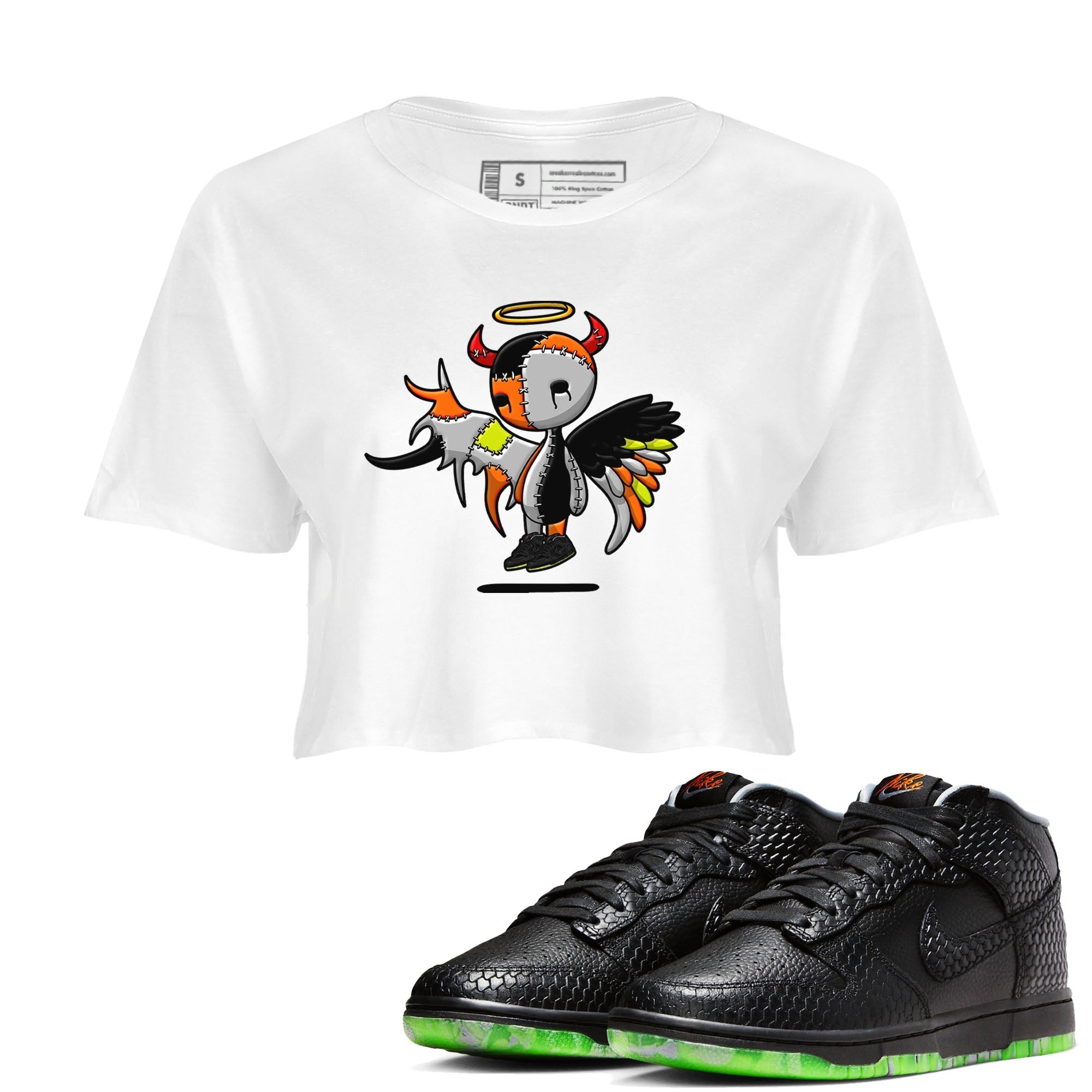 Nike Dunk Halloween shirt to match jordans Devil Angel sneaker tees Nike Dunk Mid Halloween Drip Gear Zone Sneaker Matching Clothing Brand White 1 Crop T-Shirt