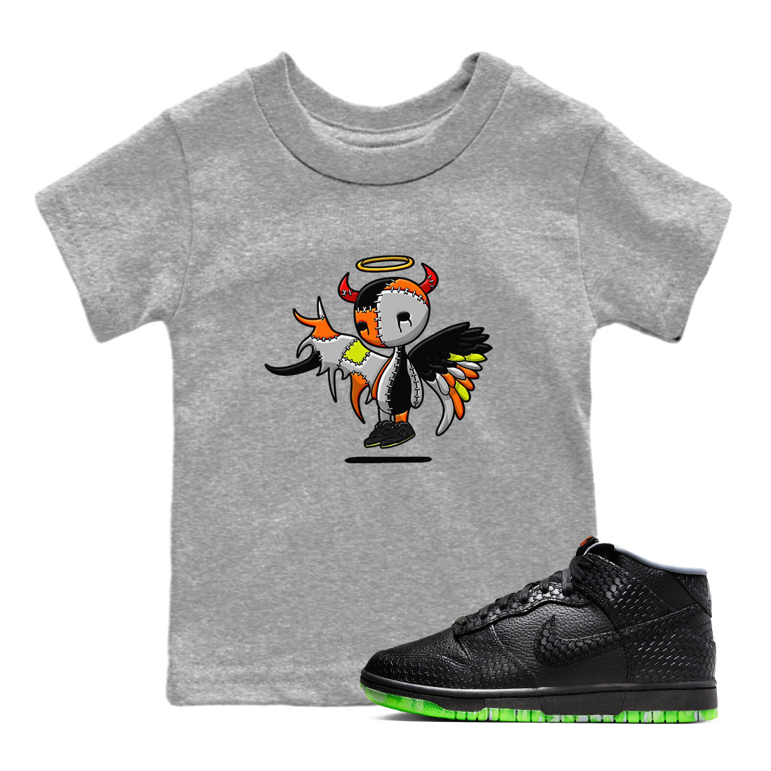 Nike Dunk Halloween shirt to match jordans Devil Angel sneaker tees Nike Dunk Mid Halloween Drip Gear Zone Sneaker Matching Clothing Brand Baby Toddler Heather Grey 1 T-Shirt