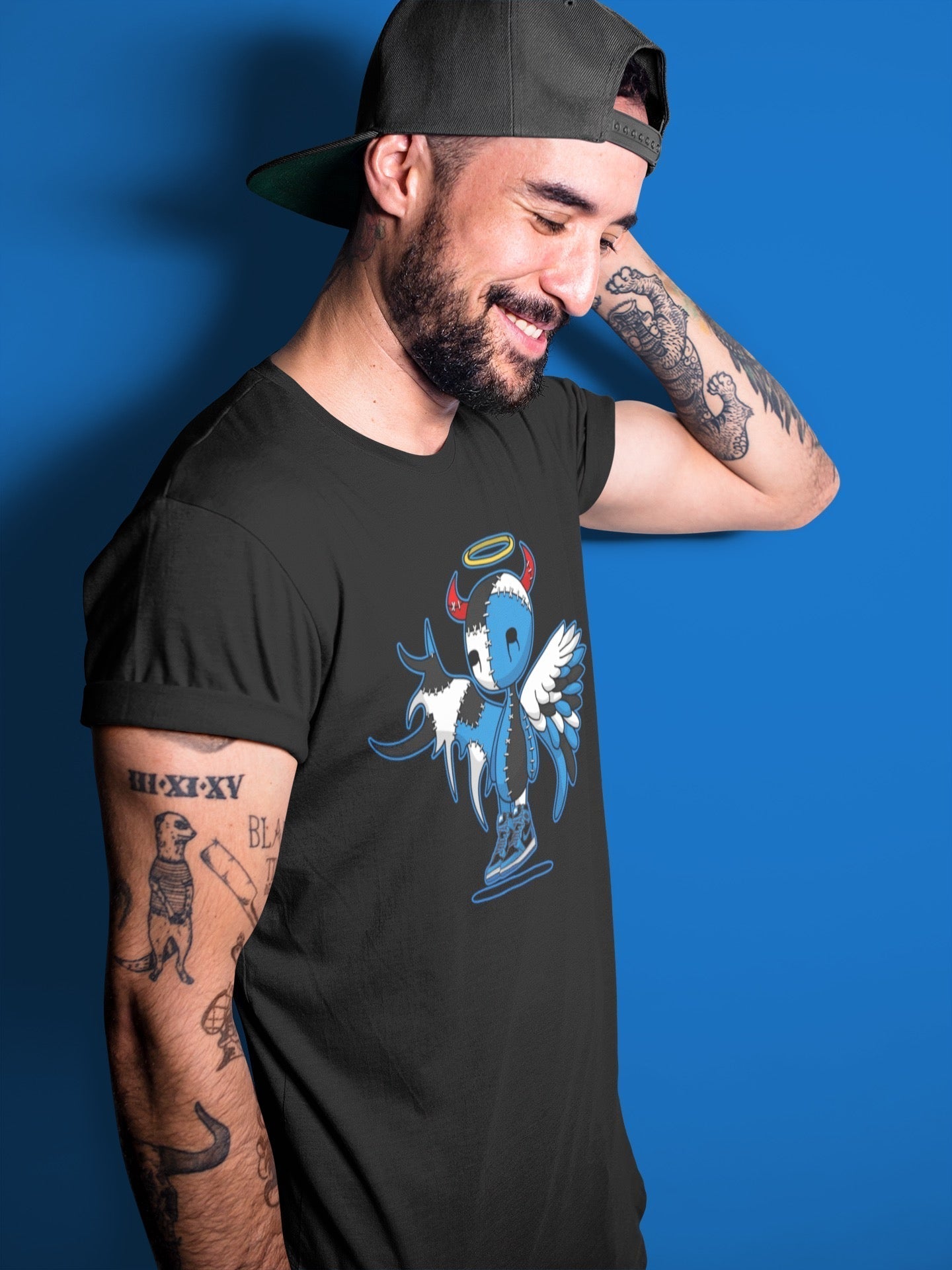 Jordan 1 Dark Marina Blue Sneaker Matching T-Shirt Devil Angel Sneaker Tees Jordan 1 Dark Marina Blue Sneaker Release Tees Crew Neck Tees