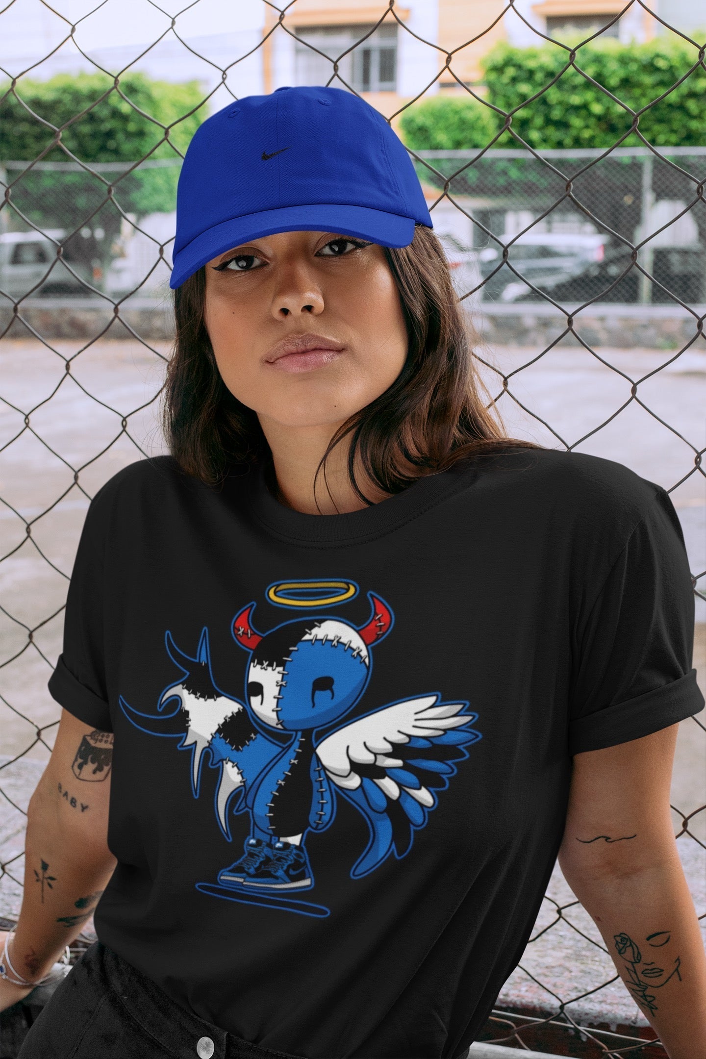 Jordan 1 Dark Marina Blue Sneaker Matching T-Shirt Devil Angel Sneaker Tees Jordan 1 Dark Marina Blue Sneaker Release Tees Crew Neck Tees