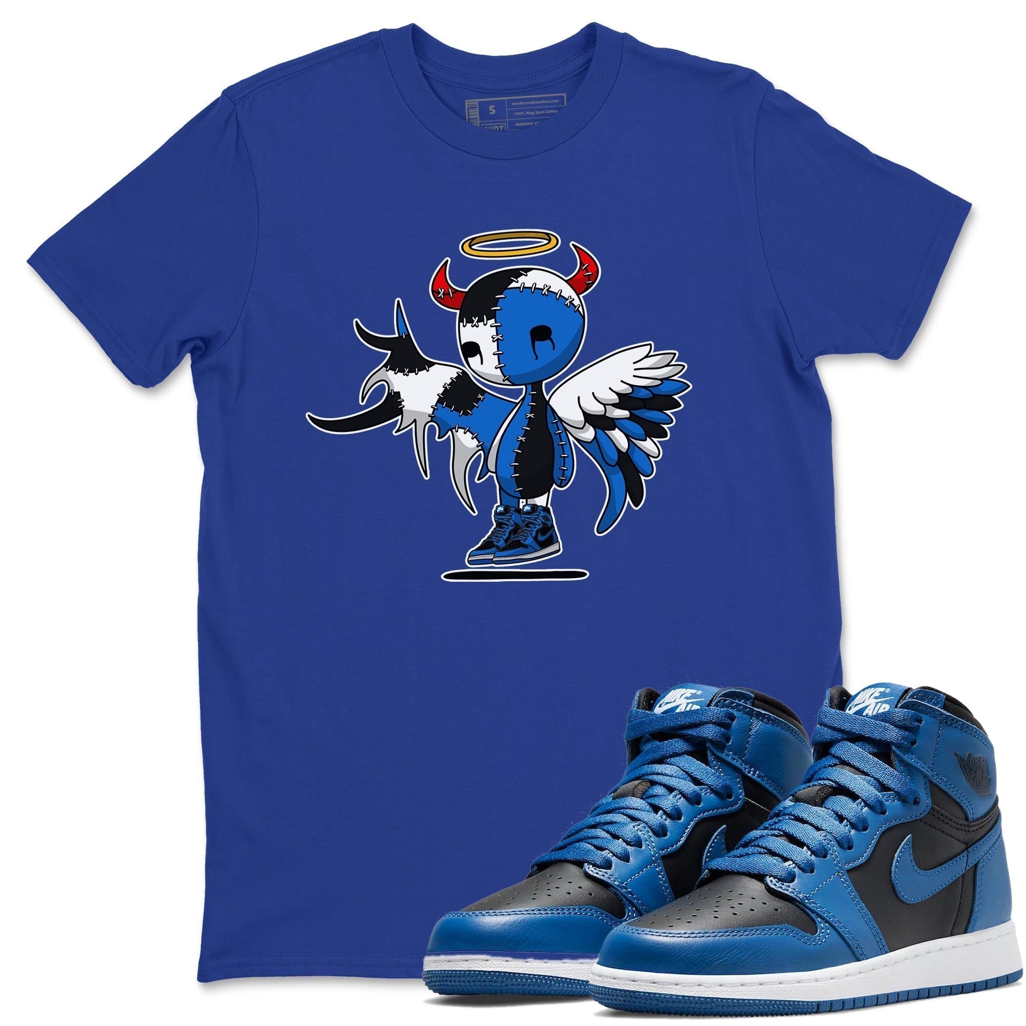 Jordan 1 Dark Marina Blue Sneaker Matching T-Shirt Devil Angel Sneaker Tees Jordan 1 Dark Marina Blue Sneaker Release Tees Crew Neck Tees
