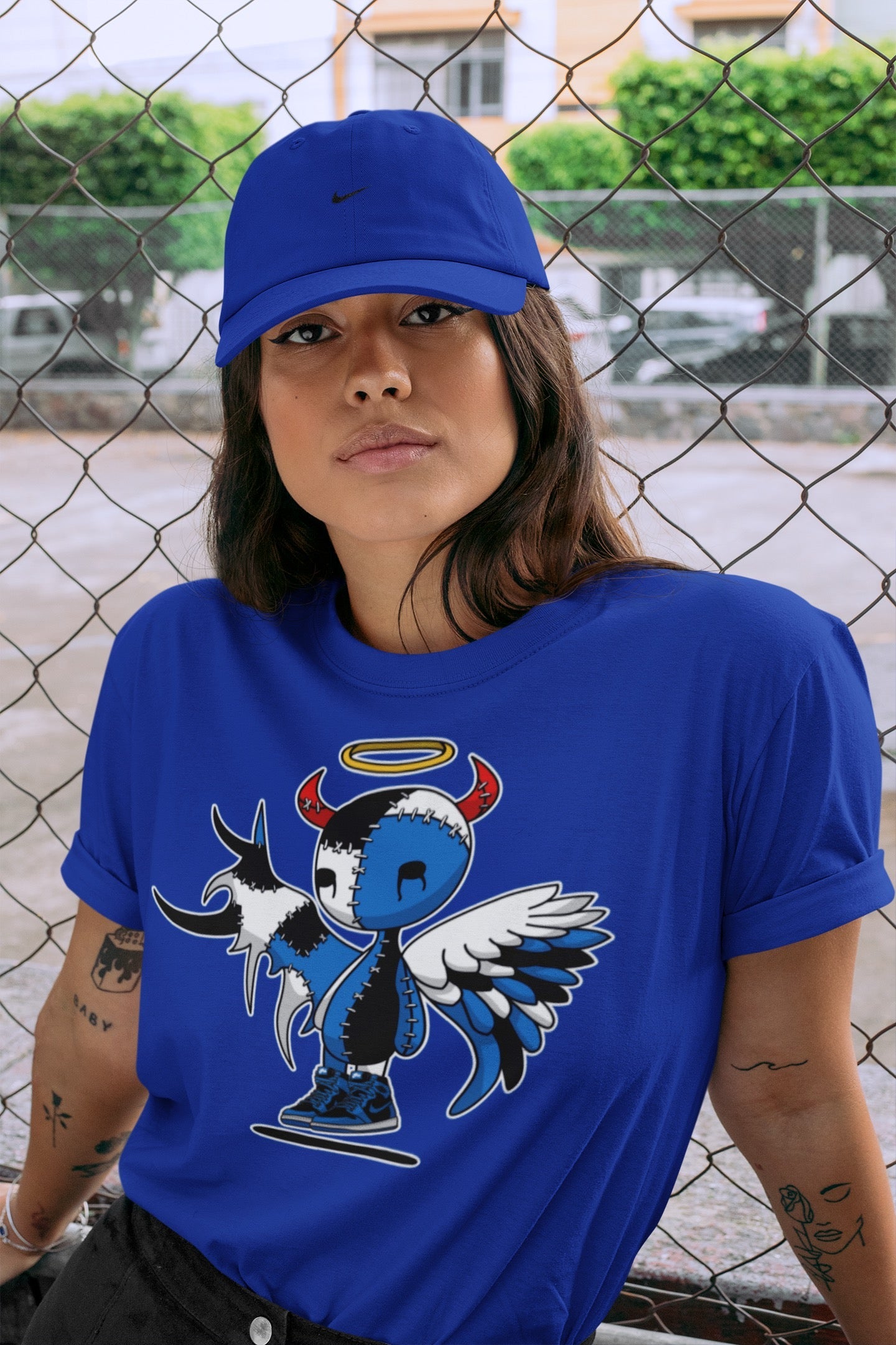 Jordan 1 Dark Marina Blue Sneaker Matching T-Shirt Devil Angel Sneaker Tees Jordan 1 Dark Marina Blue Sneaker Release Tees Crew Neck Tees