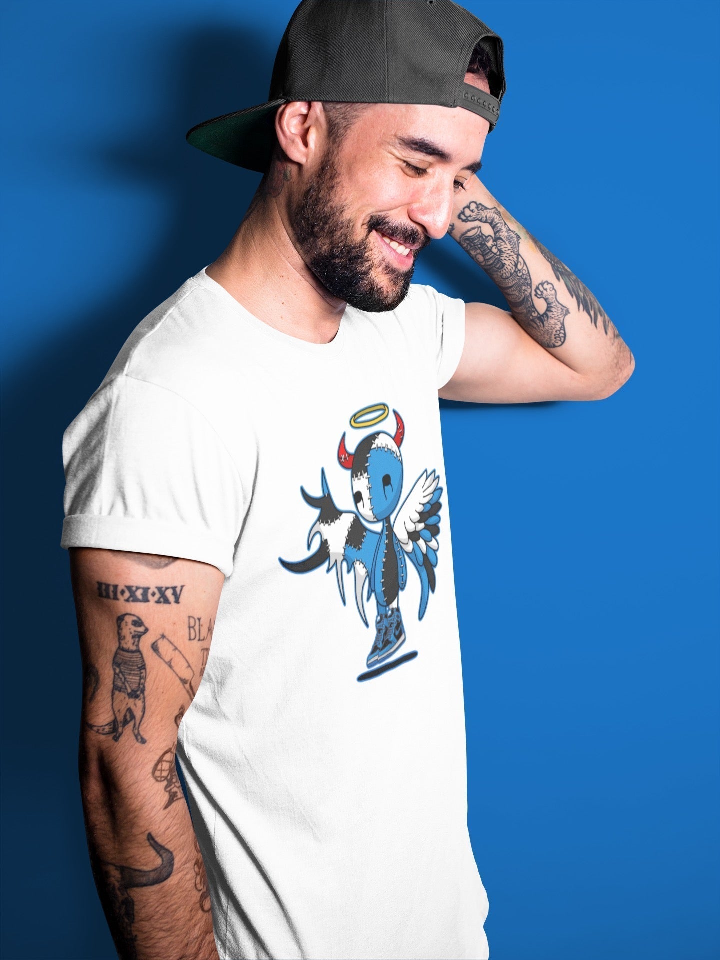 Jordan 1 Dark Marina Blue Sneaker Matching T-Shirt Devil Angel Sneaker Tees Jordan 1 Dark Marina Blue Sneaker Release Tees Crew Neck Tees