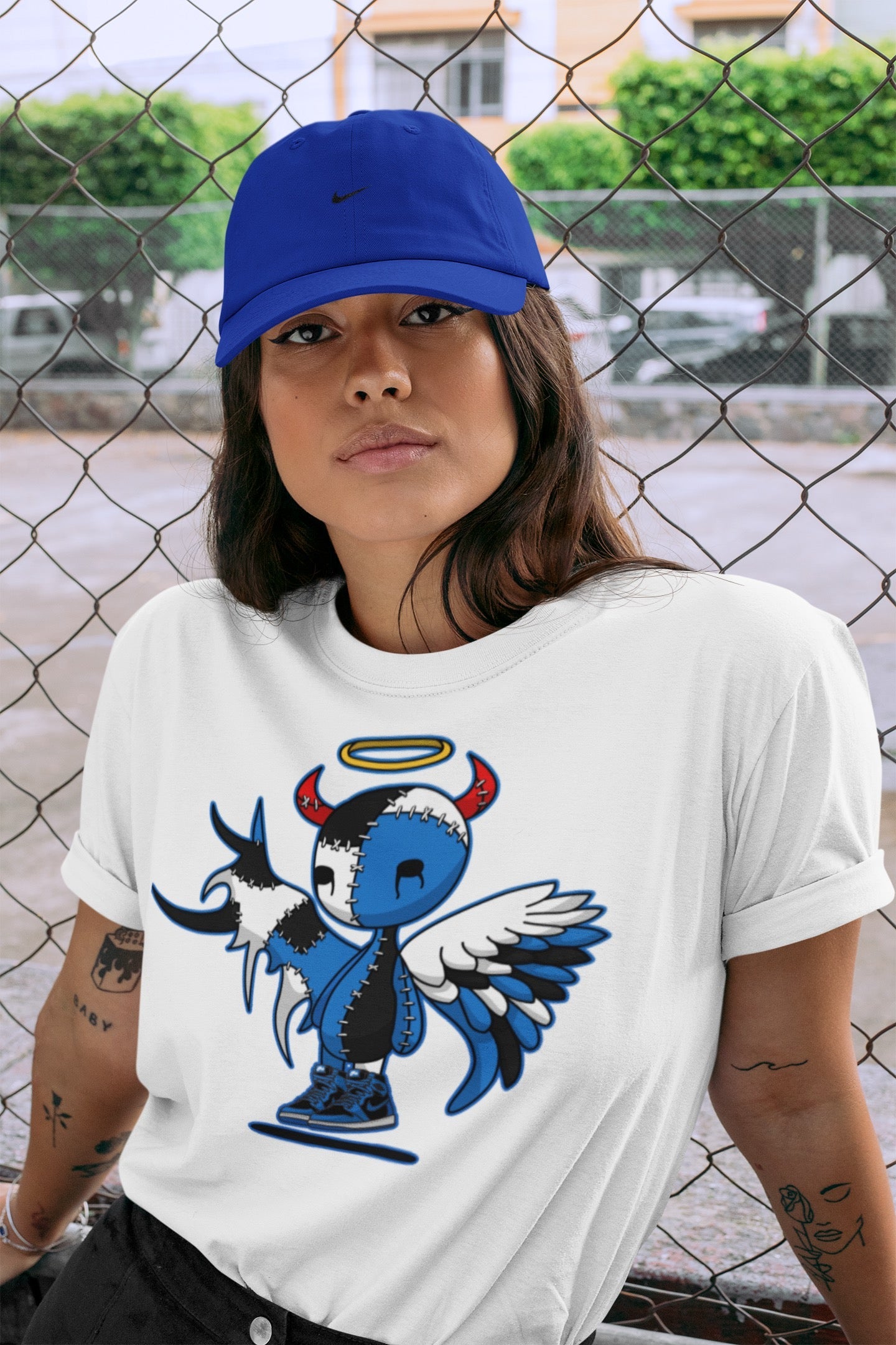Jordan 1 Dark Marina Blue Sneaker Matching T-Shirt Devil Angel Sneaker Tees Jordan 1 Dark Marina Blue Sneaker Release Tees Crew Neck Tees