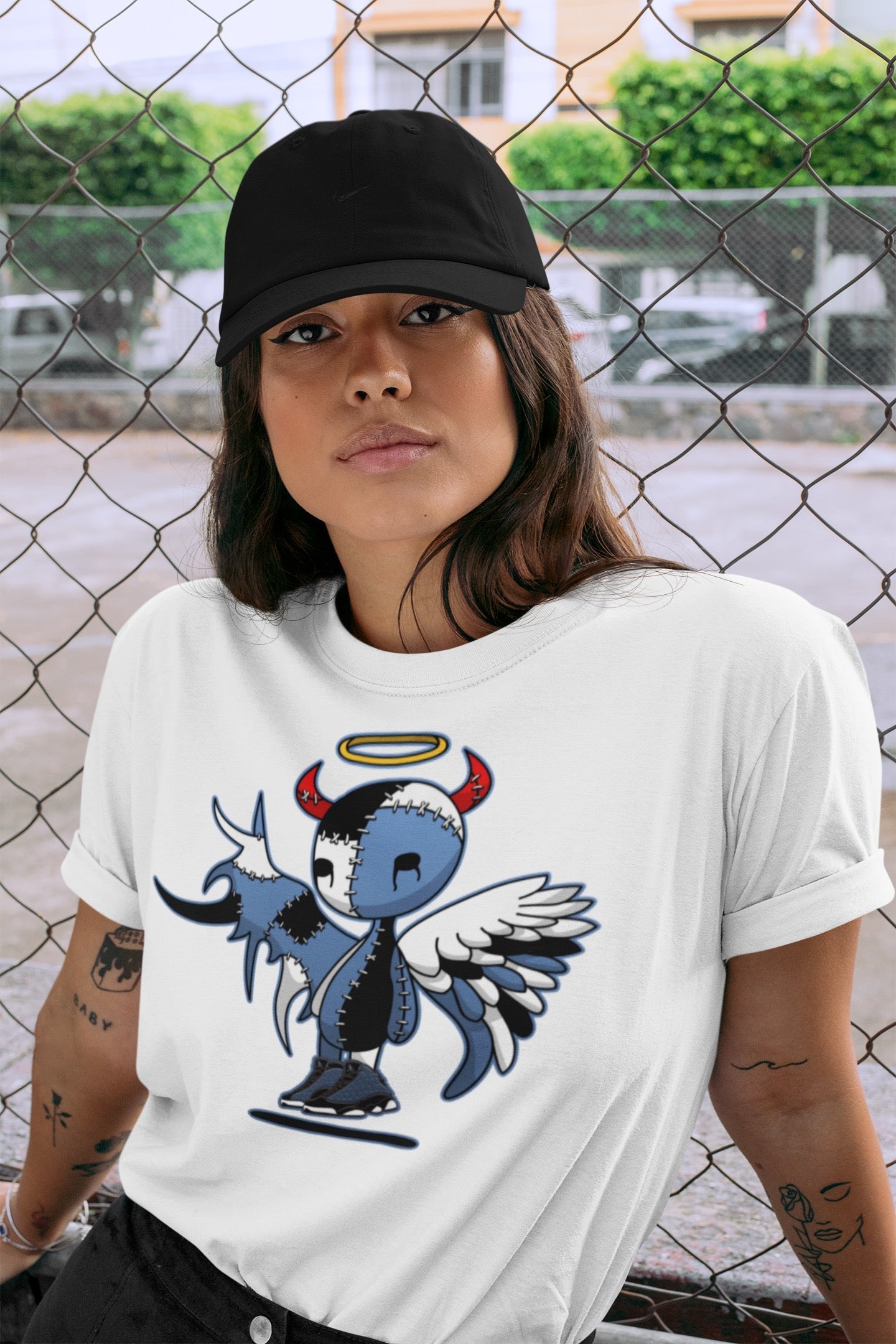 Jordan 13 Brave Blue Sneaker Matching T-Shirt Devil Angel Sneaker Tees Jordan 13 Brave Blue Sneaker Release Tees Crew Neck Tees