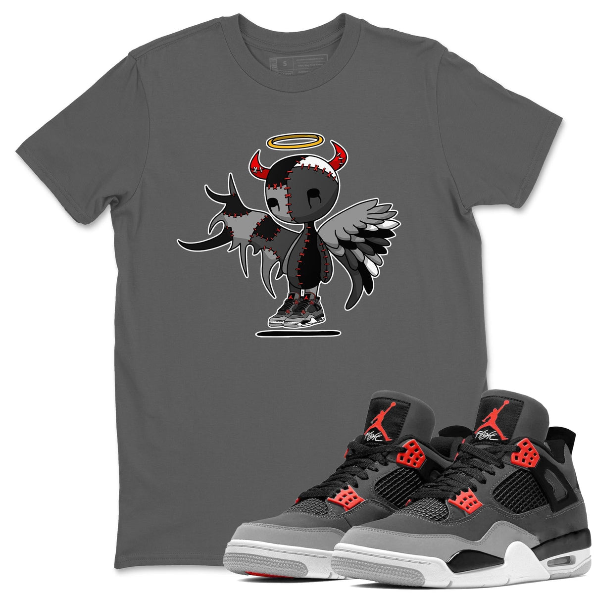 Jordan 4 Infrared Sneaker Matching T-Shirt Devil Angel Sneaker Tees Jordan 4 Infrared Sneaker Release Tees Crew Neck Tees