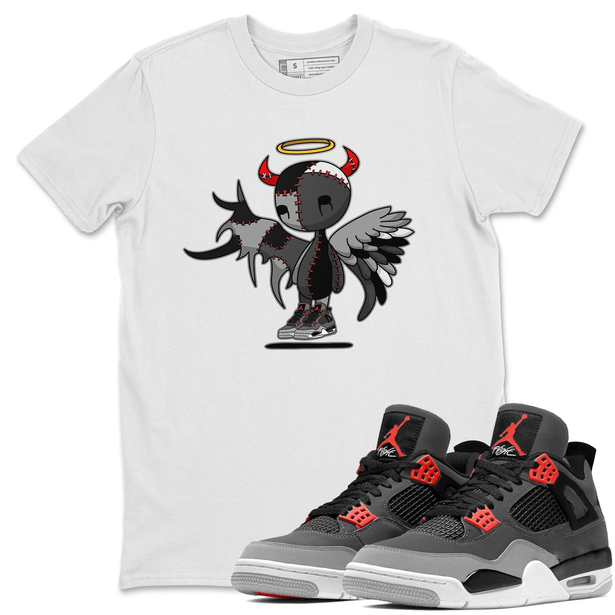 Jordan 4 Infrared Sneaker Matching T-Shirt Devil Angel Sneaker Tees Jordan 4 Infrared Sneaker Release Tees Crew Neck Tees
