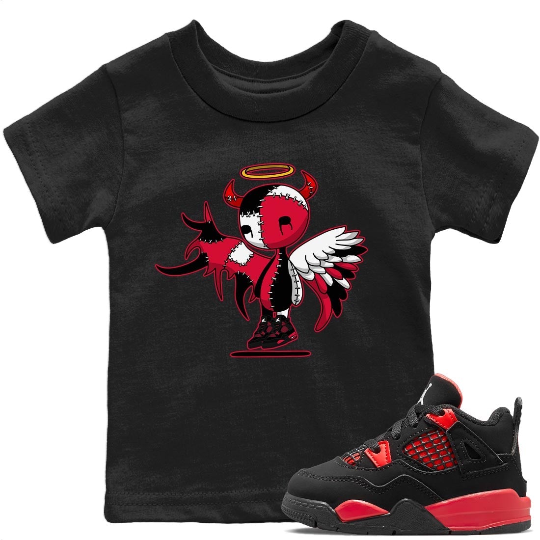 Jordan 4 Red Thunder Sneaker Matching T-Shirt Devil Angel Sneaker Tees Jordan 4 Red Thunder Sneaker Release Tees Kids Shirts