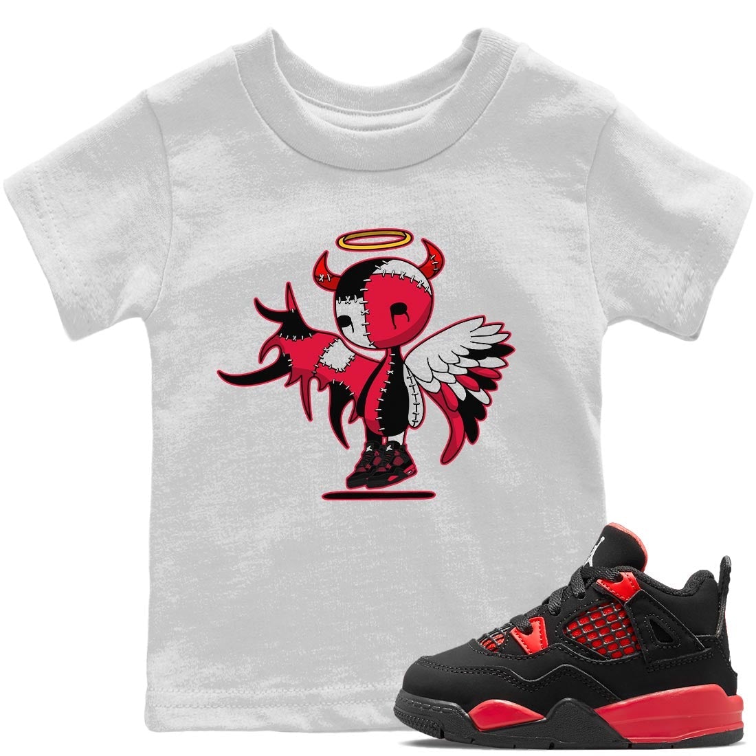 Jordan 4 Red Thunder Sneaker Matching T-Shirt Devil Angel Sneaker Tees Jordan 4 Red Thunder Sneaker Release Tees Kids Shirts