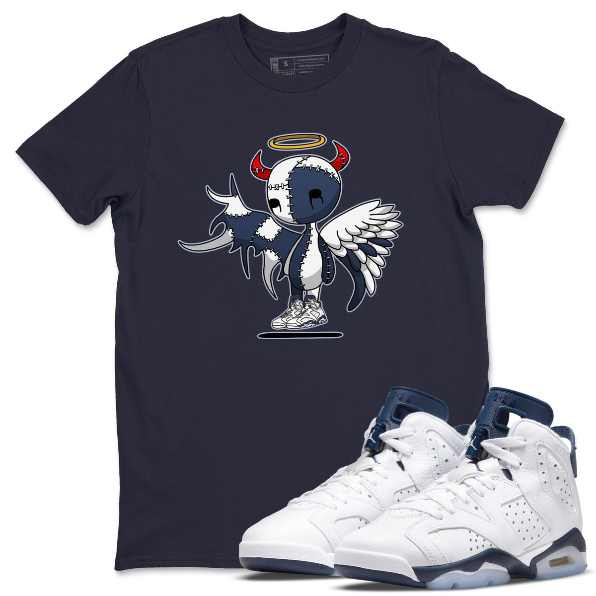 Jordan 6 Midnight Navy Sneaker Matching T-Shirt Devil Angel Sneaker Tees Jordan 6 Midnight Navy Sneaker Release Tees Crew Neck Tees