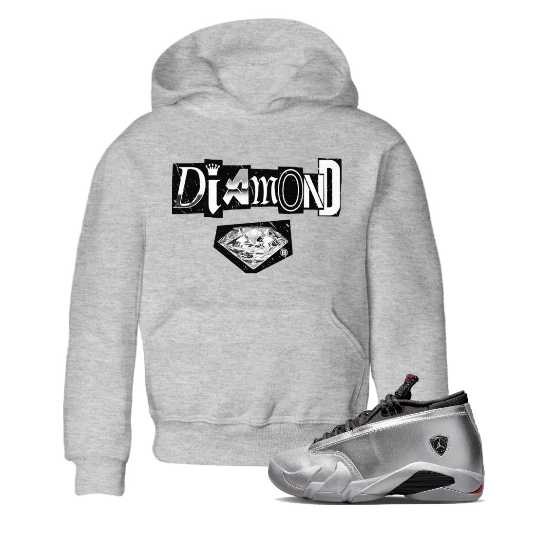 Air Jordan 14 Metallic Silver Sneaker Tees Drip Gear Zone Diamond Letter Sneaker Tees Jordan 14 Metallic Silver Shirt Kids Shirts Heather Grey 1