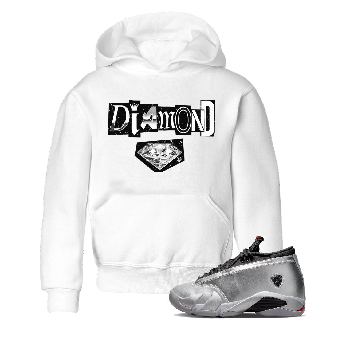 Air Jordan 14 Metallic Silver Sneaker Tees Drip Gear Zone Diamond Letter Sneaker Tees Jordan 14 Metallic Silver Shirt Kids Shirts White 1