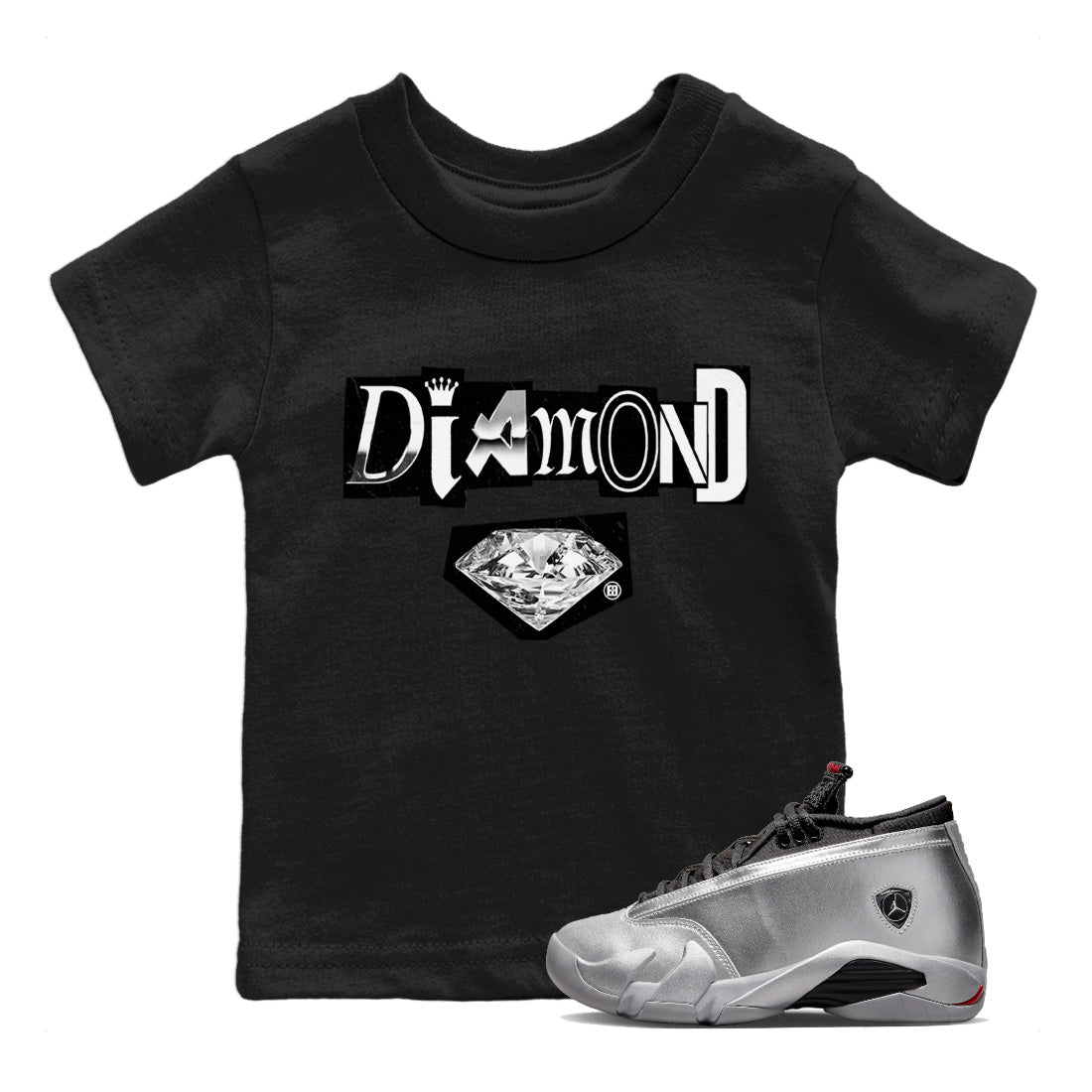 Air Jordan 14 Metallic Silver Sneaker Tees Drip Gear Zone Diamond Letter Sneaker Tees Jordan 14 Metallic Silver Shirt Kids Shirts Black 1