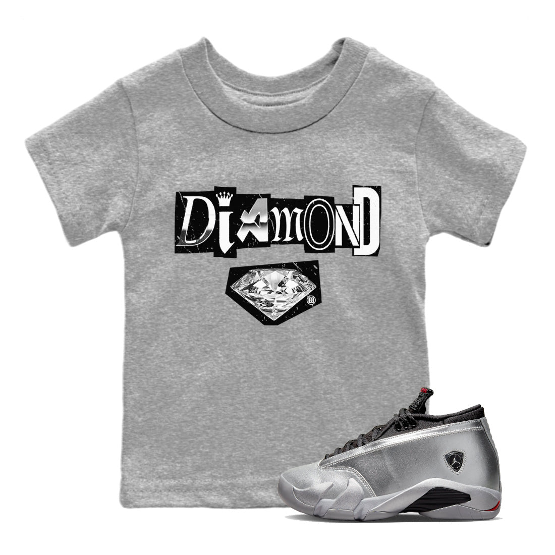Air Jordan 14 Metallic Silver Diamond Letter Baby and Kids Sneaker Tees Jordan 14 Metallic Silver Kids Sneaker Tees Size Chart