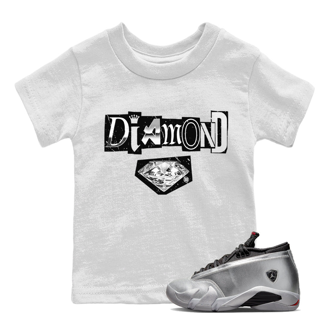Air Jordan 14 Metallic Silver Sneaker Tees Drip Gear Zone Diamond Letter Sneaker Tees Jordan 14 Metallic Silver Shirt Kids Shirts White 1