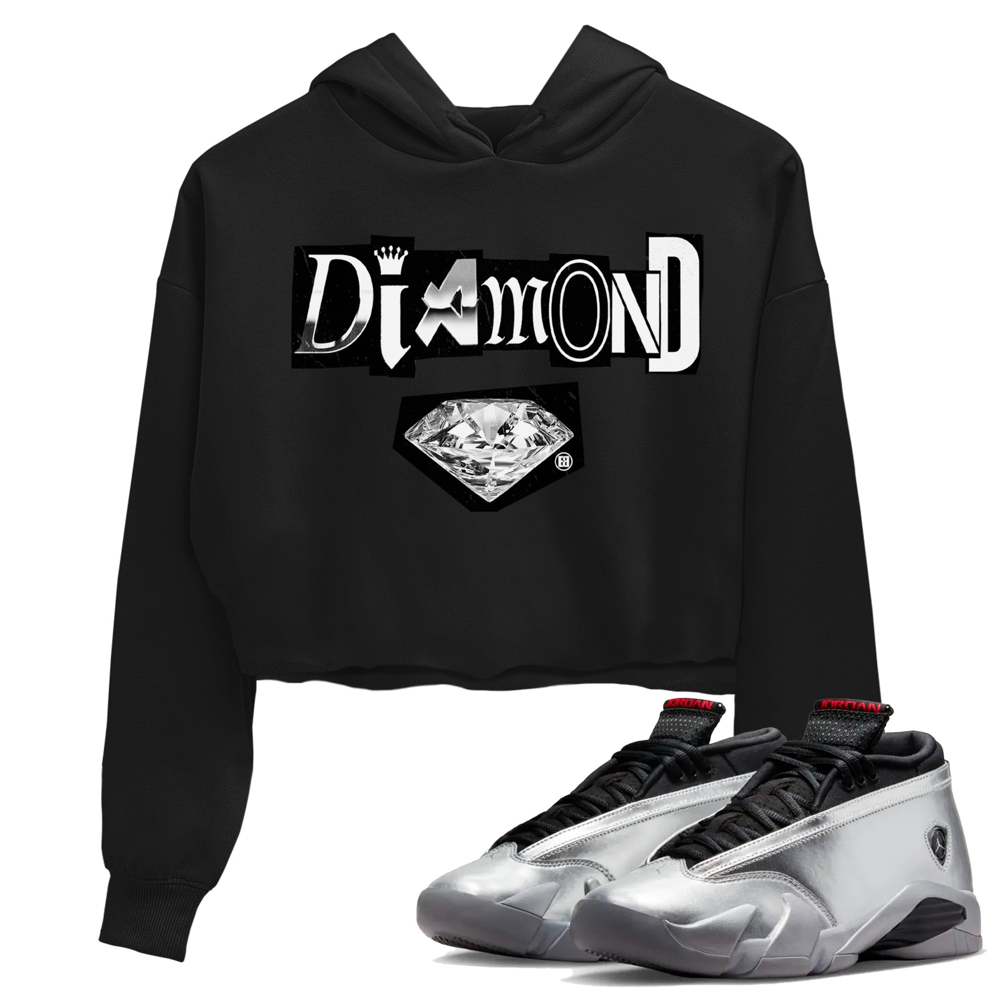 Air Jordan 14 Metallic Silver Sneaker Tees Drip Gear Zone Diamond Letter Sneaker Tees Jordan 14 Metallic Silver Shirt Women's Shirts Black 1