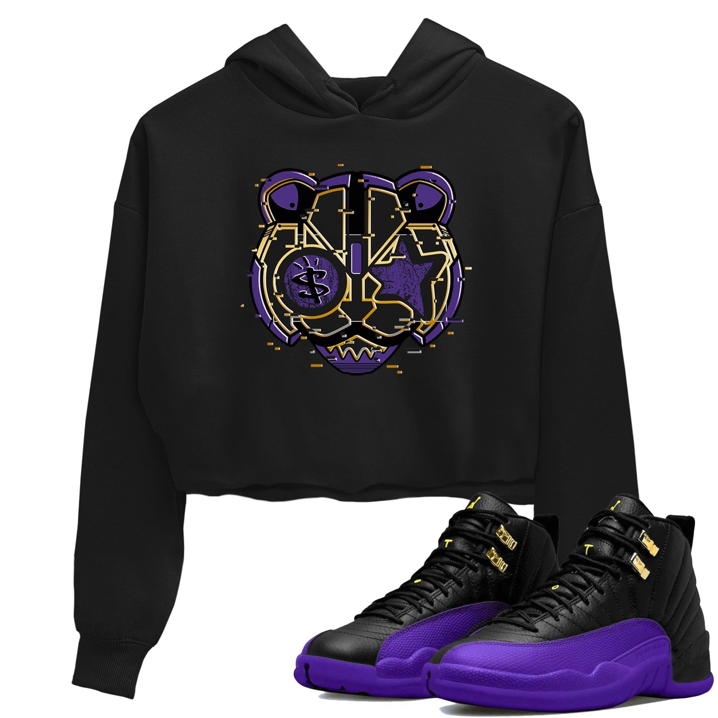 Air Jordan 12 Field Purple Sneaker Match Tees Digital Cat Face Sneaker Tees 12s Field Purple Sneaker Release Tees Women's Shirts Black 1