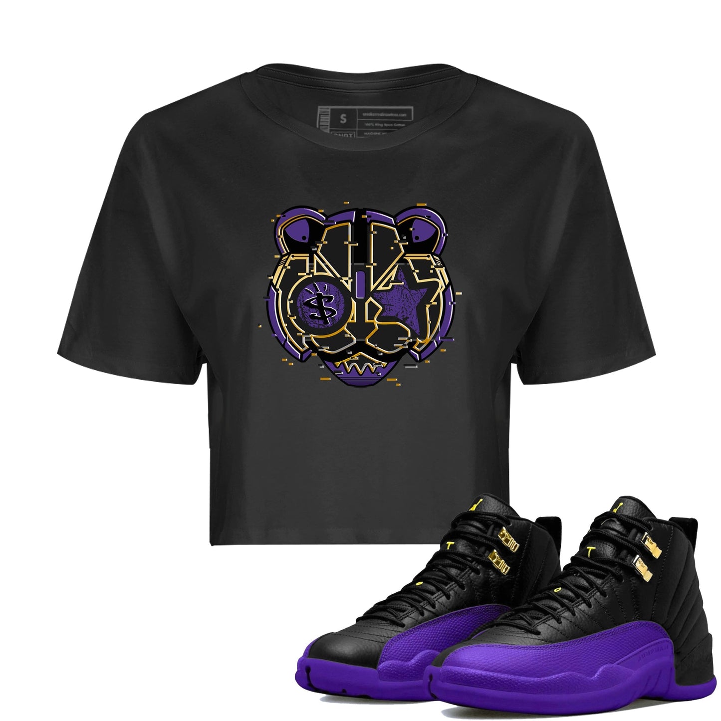 Air Jordan 12 Field Purple Sneaker Match Tees Digital Cat Face Sneaker Tees 12s Field Purple Sneaker Release Tees Women's Shirts Black 1