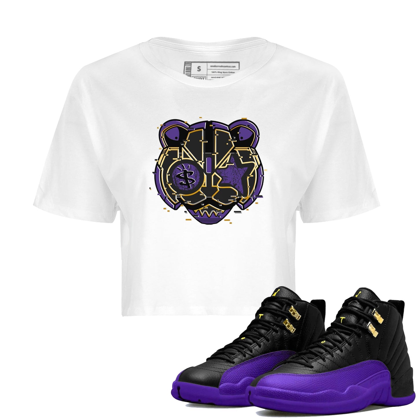 Air Jordan 12 Field Purple Sneaker Match Tees Digital Cat Face Sneaker Tees 12s Field Purple Sneaker Release Tees Women's Shirts White 1