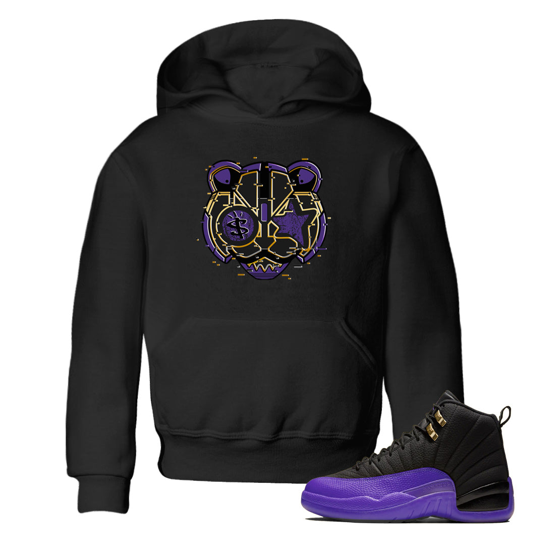 Air Jordan 12 Field Purple Sneaker Match Tees Digital Cat Face Sneaker Tees 12s Field Purple Sneaker Release Tees Kids Shirts Black 1