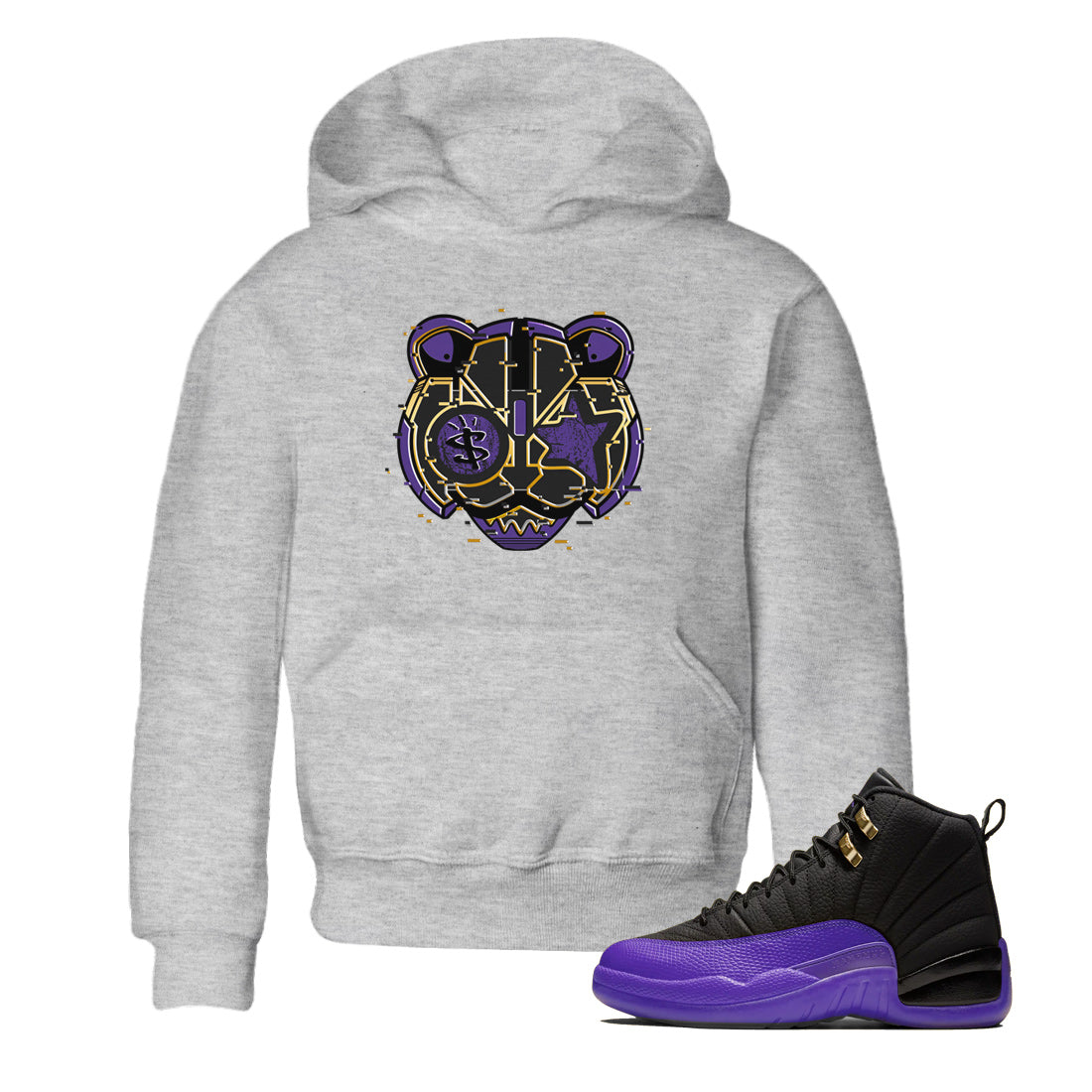 Air Jordan 12 Field Purple Sneaker Match Tees Digital Cat Face Sneaker Tees 12s Field Purple Sneaker Release Tees Kids Shirts Heather Grey 1