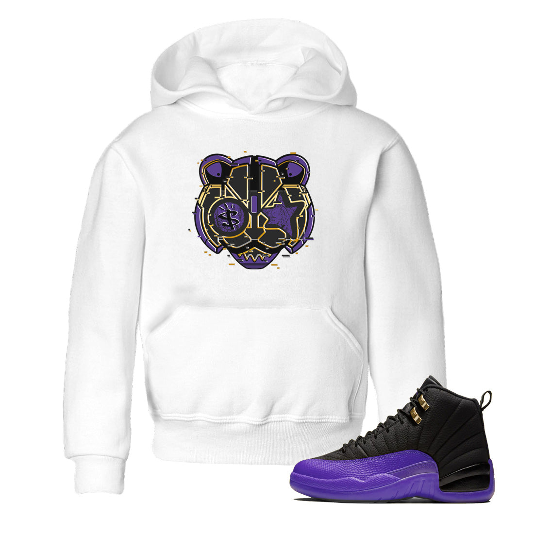 Air Jordan 12 Field Purple Sneaker Match Tees Digital Cat Face Sneaker Tees 12s Field Purple Sneaker Release Tees Kids Shirts White 1