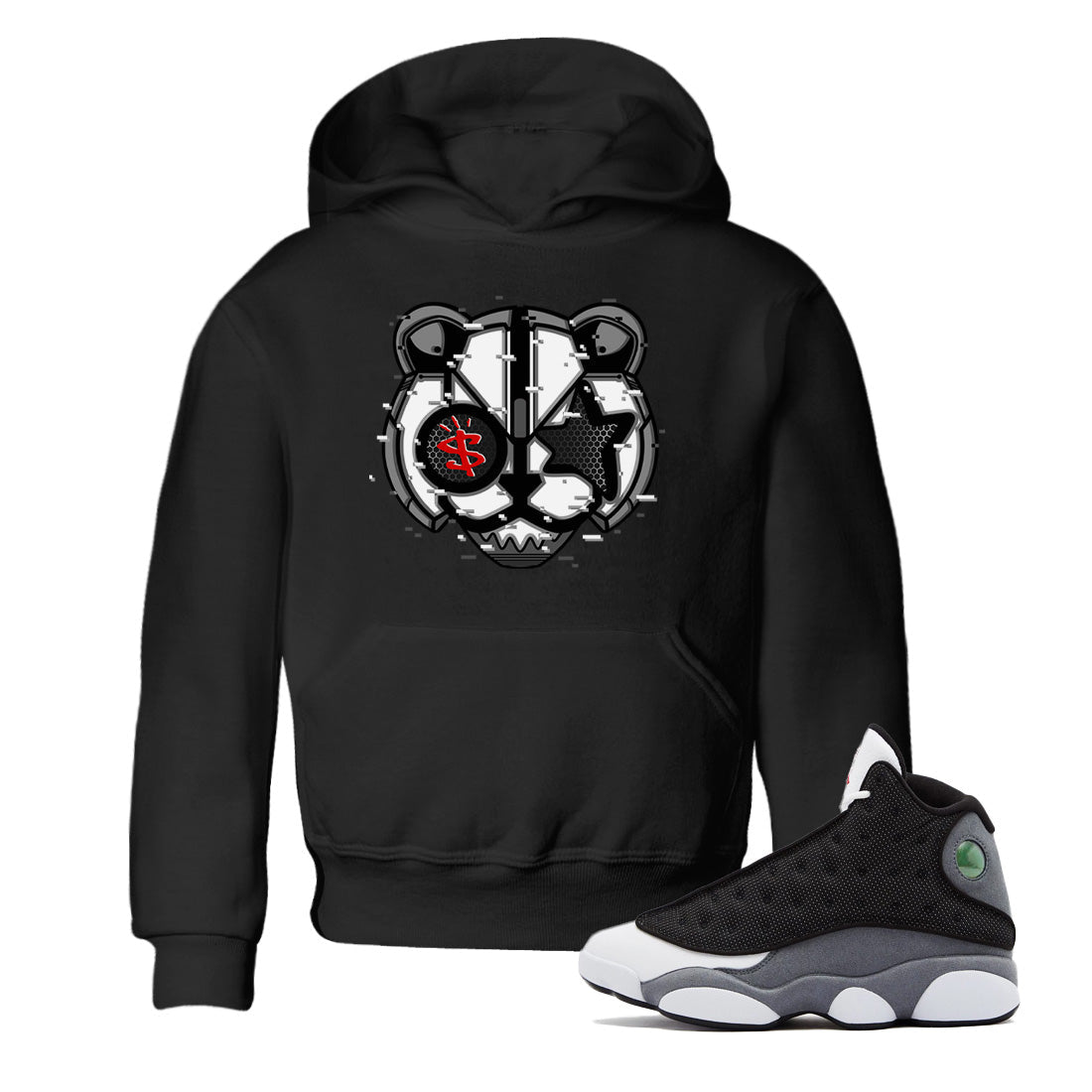 Air Jordan 13 Black Flint Sneaker Match Tees Digital Cat Face Streetwear Sneaker Shirt Air Jordan 13 Retro Black Flint Sneaker Release Tees Kids Shirts Black 1