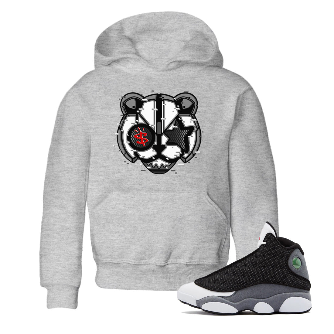 Air Jordan 13 Black Flint Sneaker Match Tees Digital Cat Face Streetwear Sneaker Shirt Air Jordan 13 Retro Black Flint Sneaker Release Tees Kids Shirts Heather Grey 1