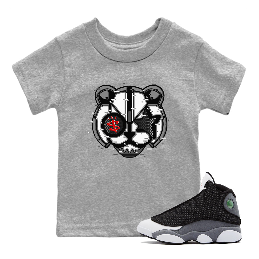 Air Jordan 13 Black Flint Sneaker Match Tees Digital Cat Face Streetwear Sneaker Shirt Air Jordan 13 Retro Black Flint Sneaker Release Tees Kids Shirts Heather Grey 1