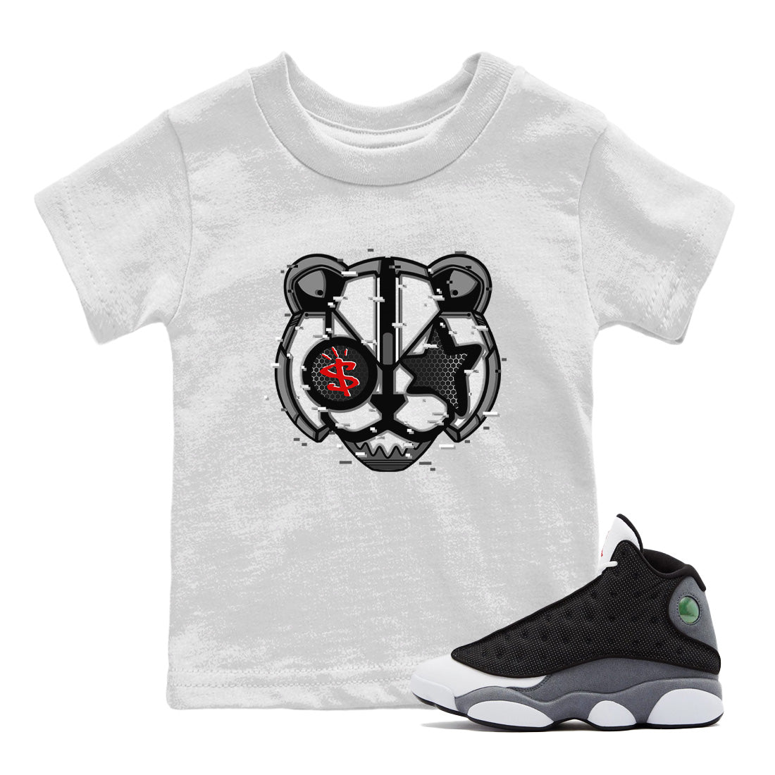 Air Jordan 13 Black Flint Sneaker Match Tees Digital Cat Face Streetwear Sneaker Shirt Air Jordan 13 Retro Black Flint Sneaker Release Tees Kids Shirts White 1
