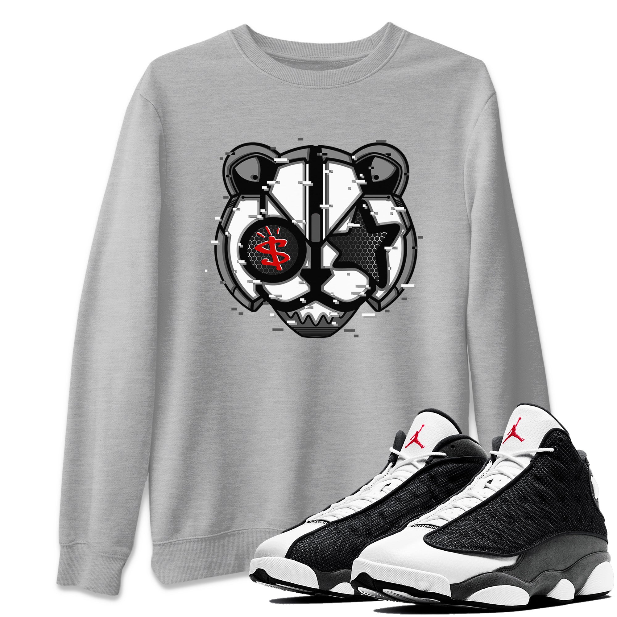 Air Jordan 13 Black Flint Sneaker Match Tees Digital Cat Face Streetwear Sneaker Shirt Air Jordan 13 Retro Black Flint Sneaker Release Tees Unisex Shirts Heather Grey 1