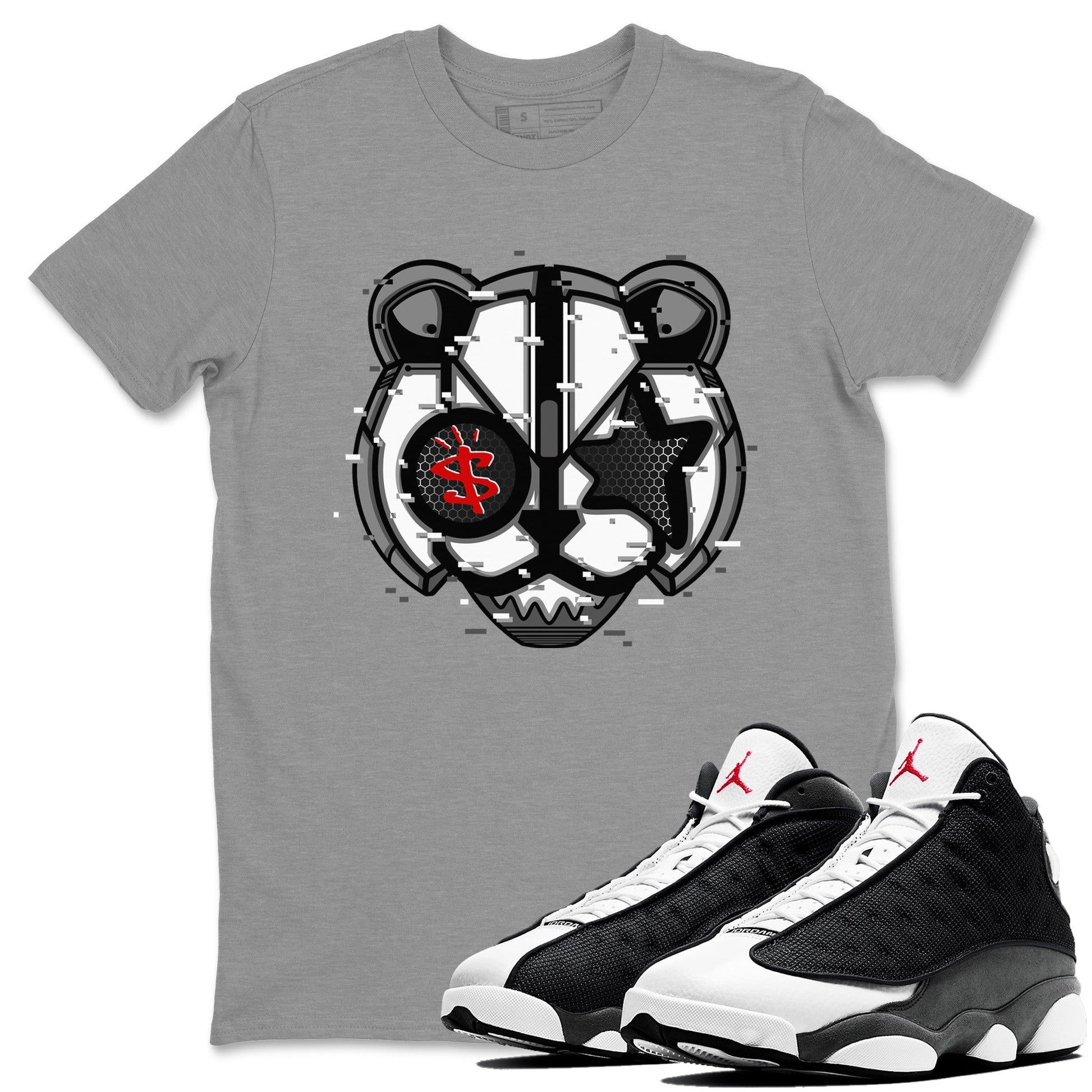 Air Jordan 13 Black Flint Sneaker Match Tees Digital Cat Face Streetwear Sneaker Shirt Air Jordan 13 Retro Black Flint Sneaker Release Tees Unisex Shirts Heather Grey 1