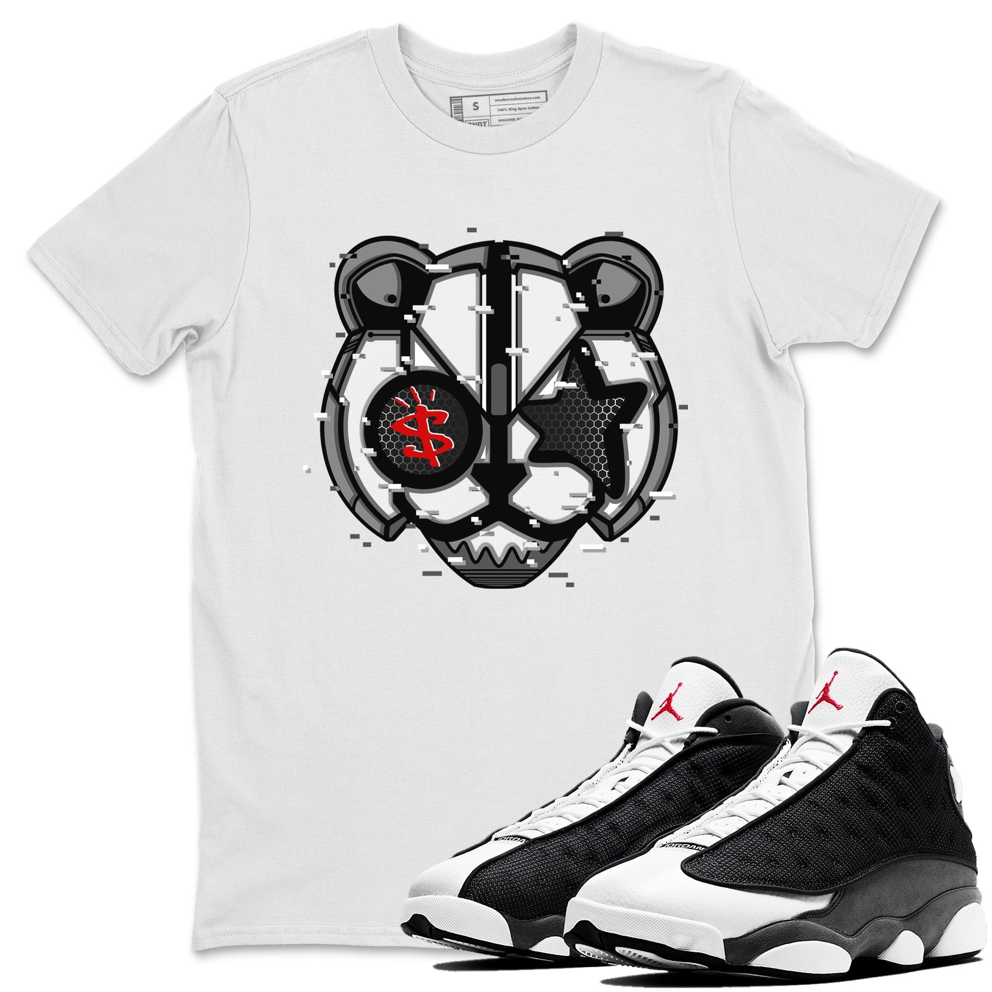 Air Jordan 13 Black Flint Sneaker Match Tees Digital Cat Face Streetwear Sneaker Shirt Air Jordan 13 Retro Black Flint Sneaker Release Tees Unisex Shirts White 1