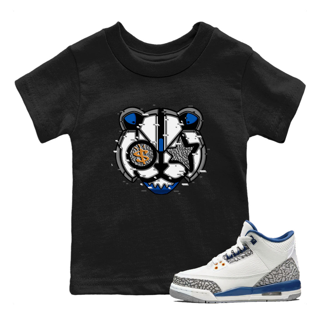 Air Jordan 3 Wizards Sneaker Match Tees Digital Cat Face Streetwear Sneaker Shirt Air Jordan 3 Retro Wizards Sneaker Release Tees Kids Shirts Black 1