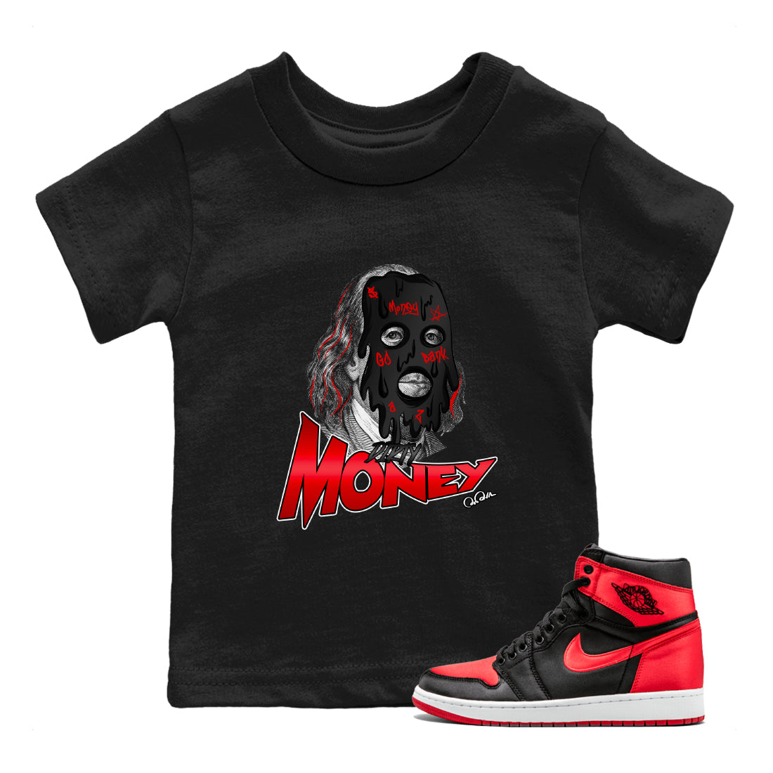 Air Jordan 1 Satin Bred Sneaker Match Tees Dirty Money Streetwear Sneaker Shirt AJ1 Satin Bred Sneaker Release Tees Kids Shirts Black 1