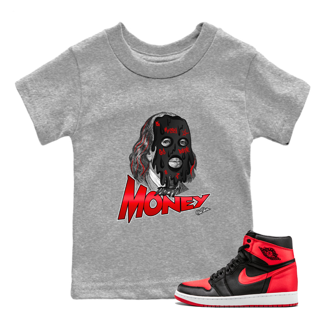 Air Jordan 1 Satin Bred Sneaker Match Tees Dirty Money Streetwear Sneaker Shirt AJ1 Satin Bred Sneaker Release Tees Kids Shirts Heather Grey 1