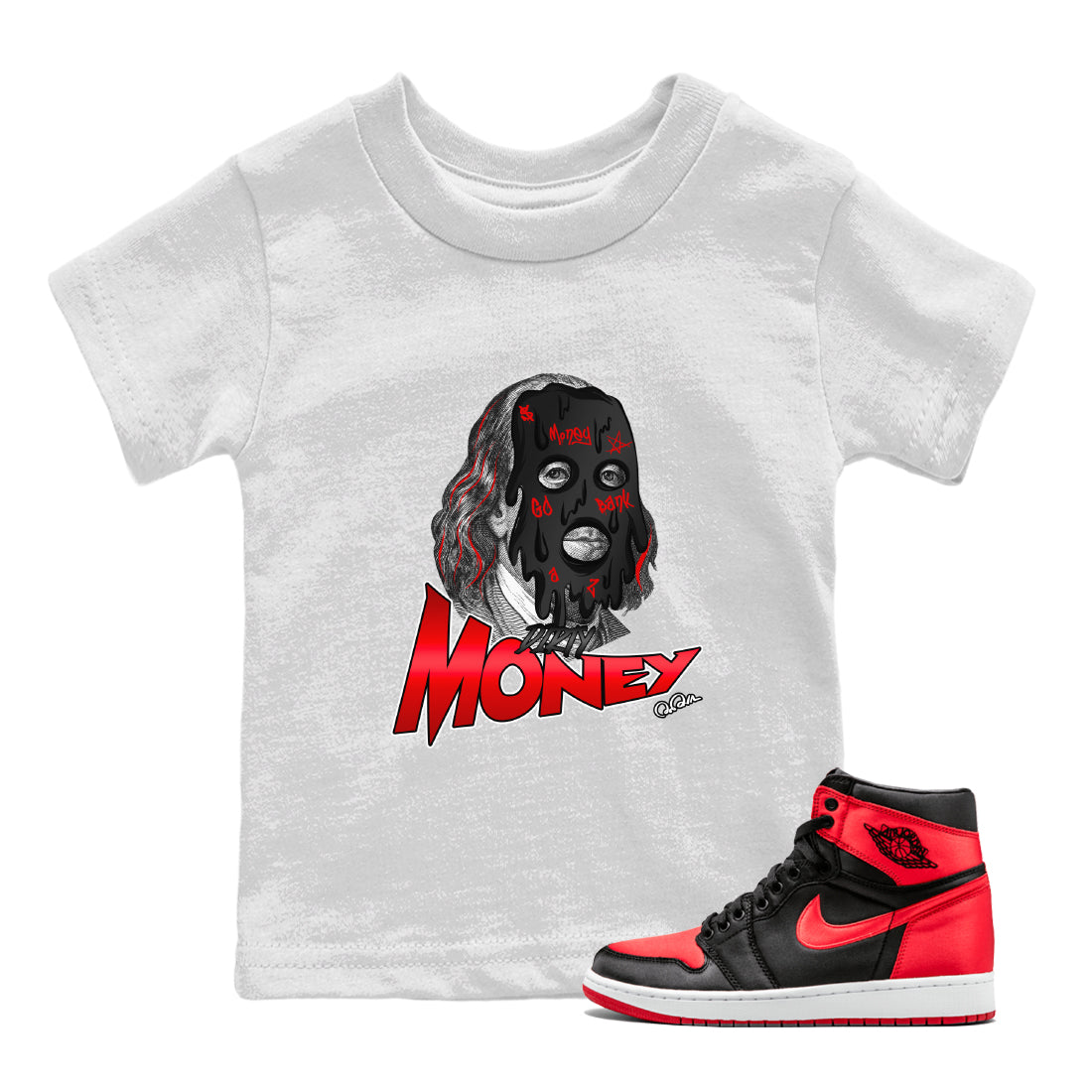 Air Jordan 1 Satin Bred Sneaker Match Tees Dirty Money Streetwear Sneaker Shirt AJ1 Satin Bred Sneaker Release Tees Kids Shirts White 1