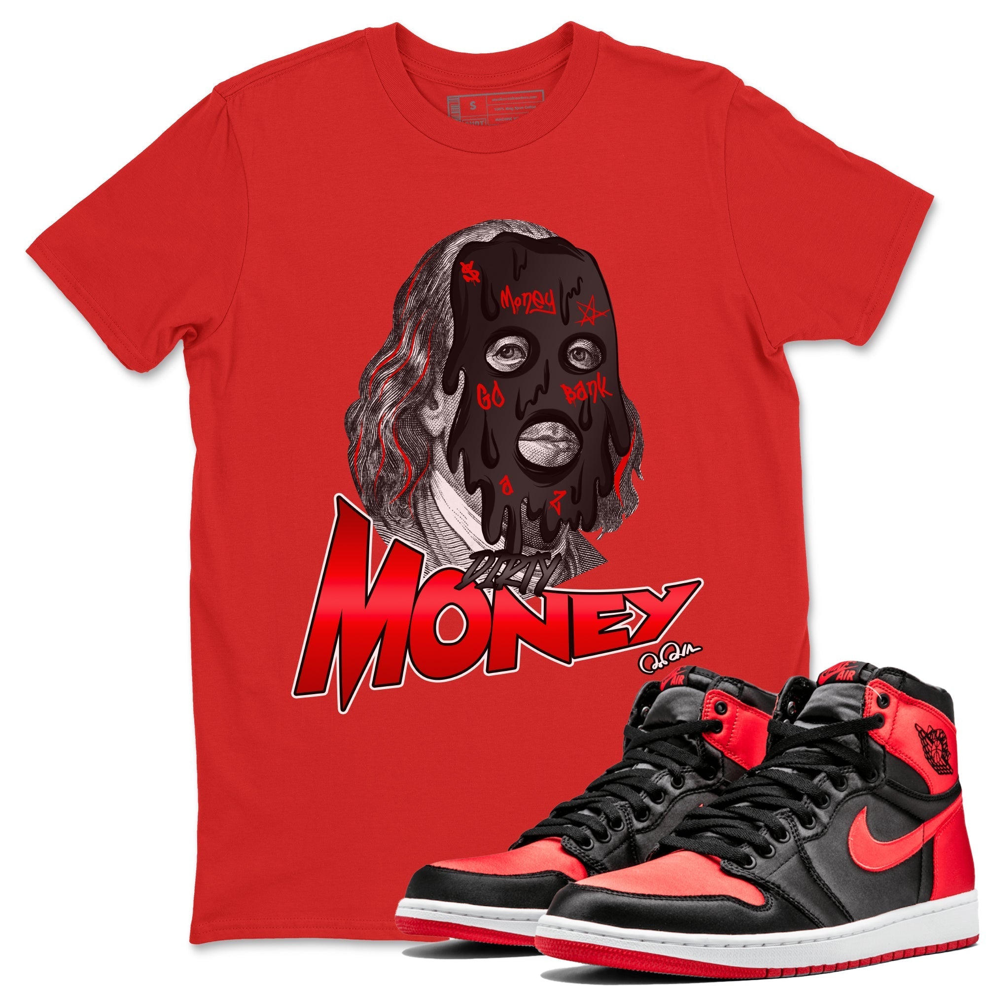 Air Jordan 1 Satin Bred Sneaker Match Tees Dirty Money Streetwear Sneaker Shirt AJ1 Satin Bred Sneaker Release Tees Unisex Shirts Red 1