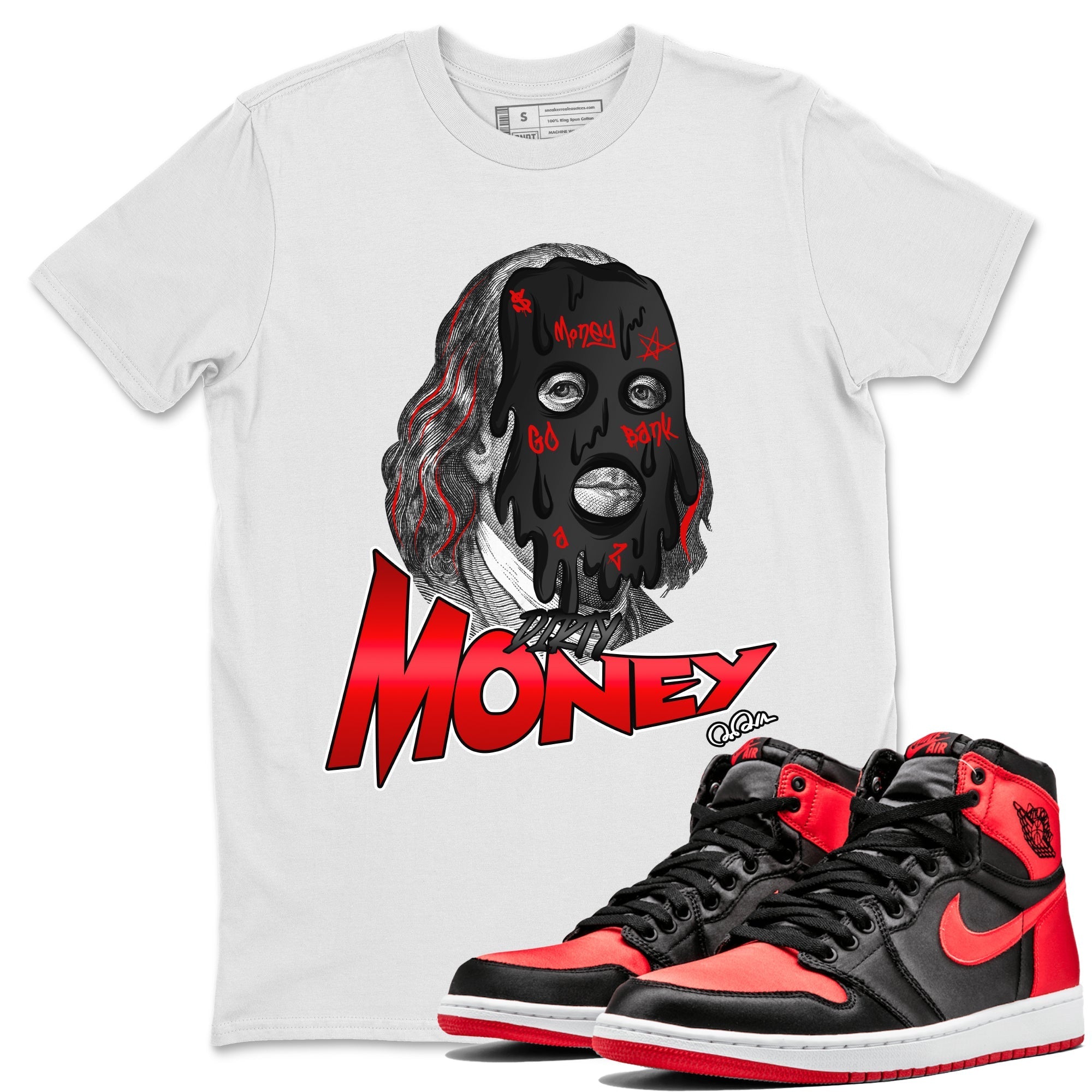 Air Jordan 1 Satin Bred Sneaker Match Tees Dirty Money Streetwear Sneaker Shirt AJ1 Satin Bred Sneaker Release Tees Unisex Shirts White 1