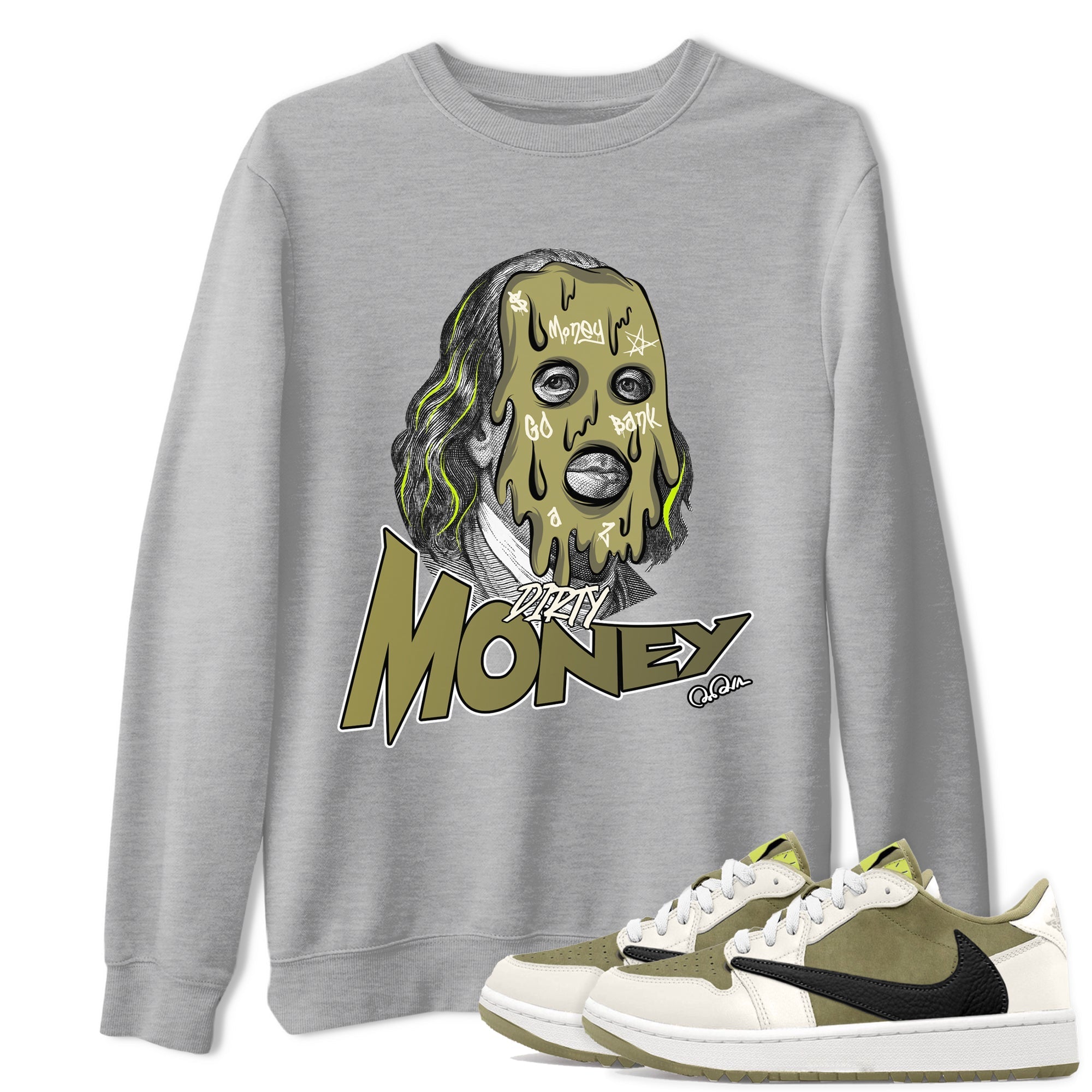 Air Jordan 1 Travis Scott Golf shirt to match jordans Dirty Money Streetwear Sneaker Shirt AJ1 lowTravis Scott Golf Drip Gear Zone Sneaker Matching Clothing Unisex Heather Grey 1 T-Shirt