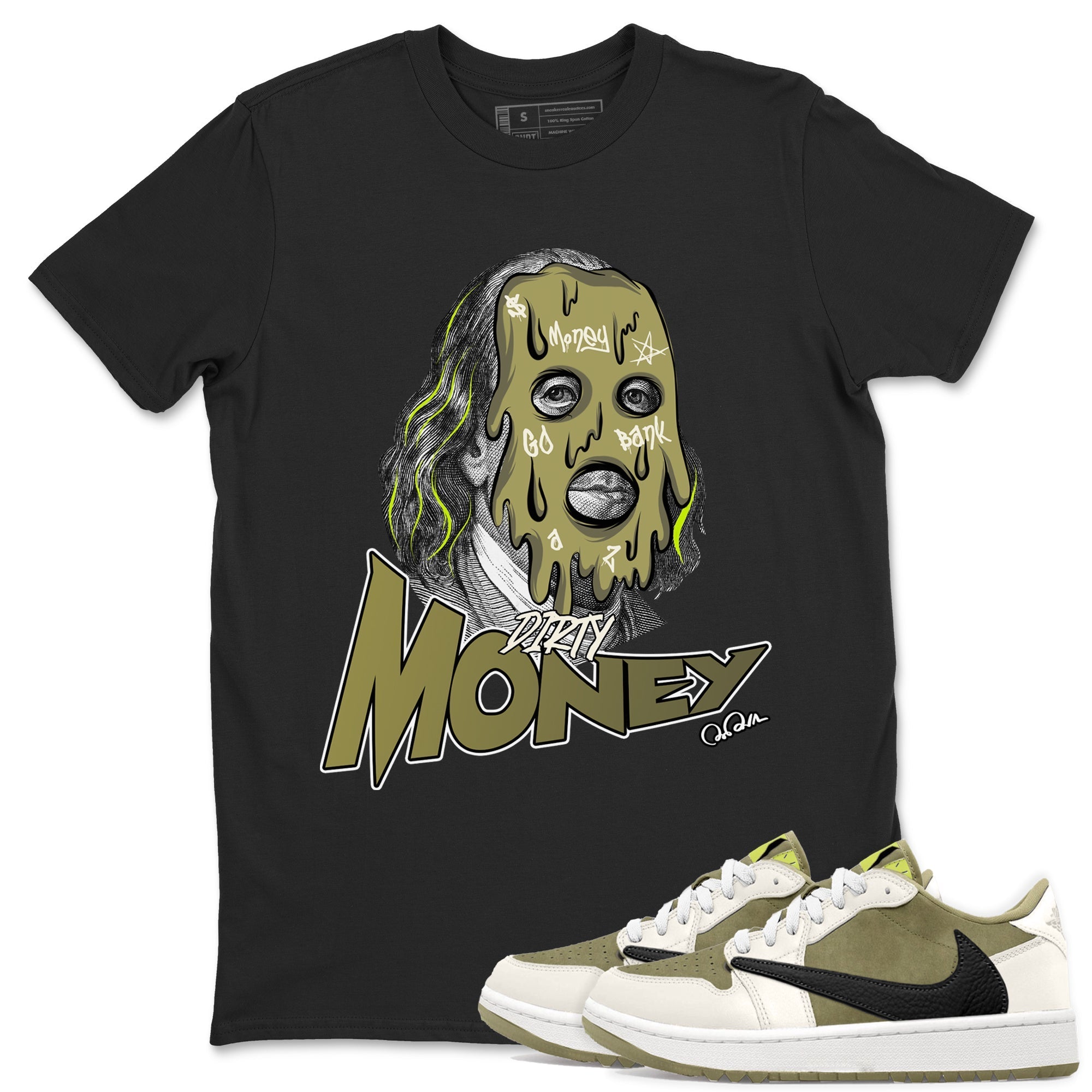 Air Jordan 1 Travis Scott Golf shirt to match jordans Dirty Money Streetwear Sneaker Shirt AJ1 lowTravis Scott Golf Drip Gear Zone Sneaker Matching Clothing Unisex Black 1 T-Shirt