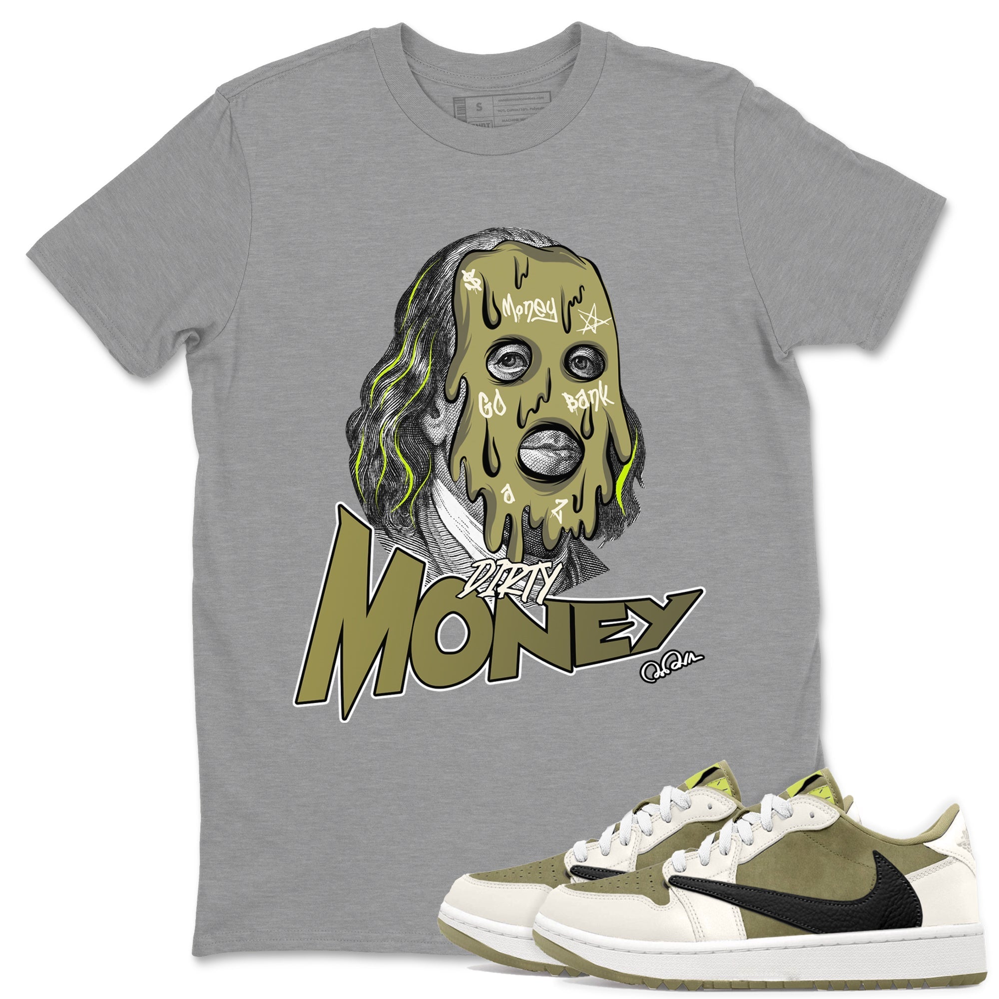 Air Jordan 1 Travis Scott Golf shirt to match jordans Dirty Money Streetwear Sneaker Shirt AJ1 lowTravis Scott Golf Drip Gear Zone Sneaker Matching Clothing Unisex Heather Grey 1 T-Shirt